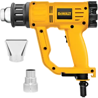 A yellow DEWALT heat gun, model D26950, is shown with two interchangeable metal nozzle attachments. The heat gun features a pistol-grip handle and is designed for use in photography or general applications requiring controlled heat.
