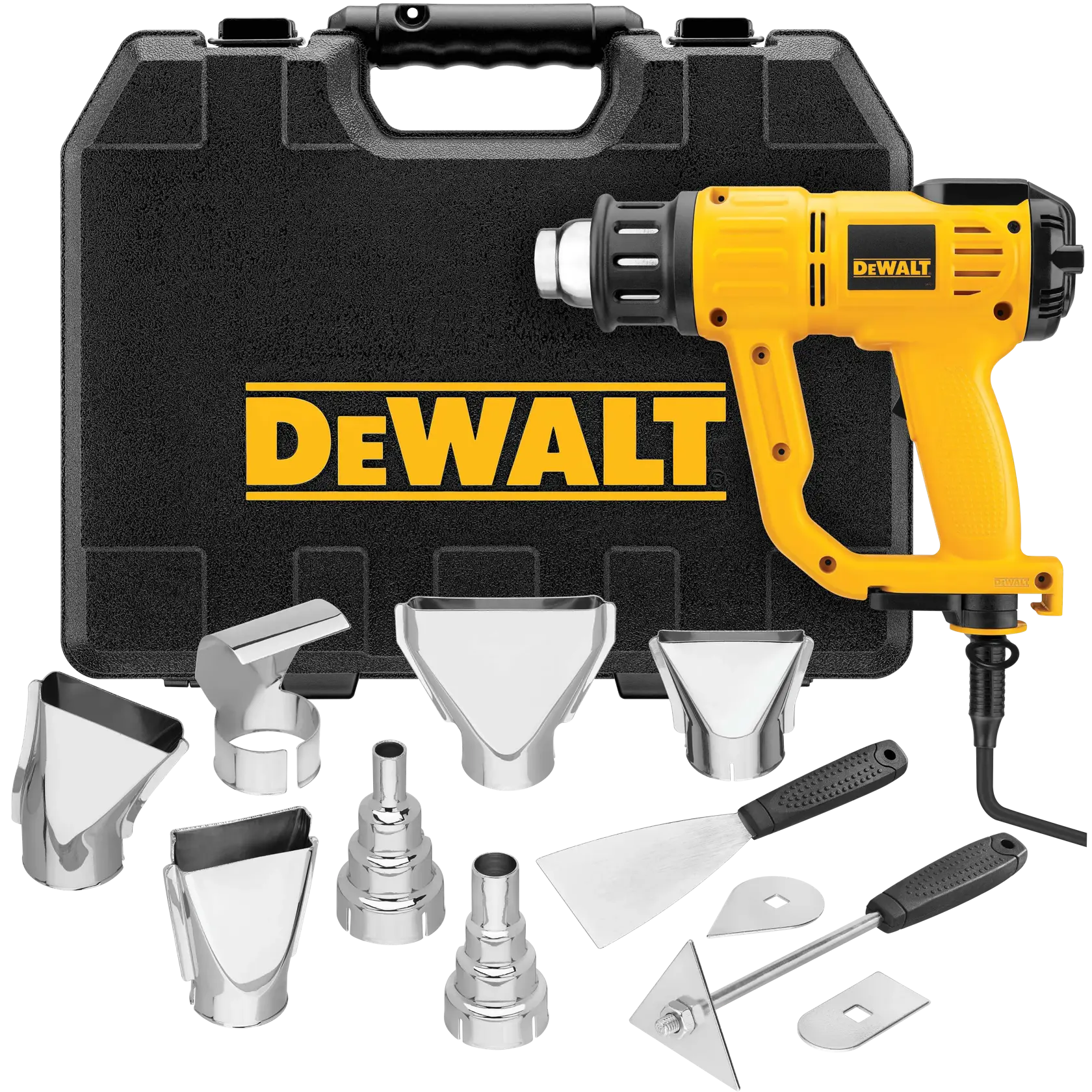 A DEWALT heat gun kit is displayed, featuring a yellow and black heat gun, a black carrying case with the DEWALT logo, several metal nozzle attachments, and two metal tools with black handles.