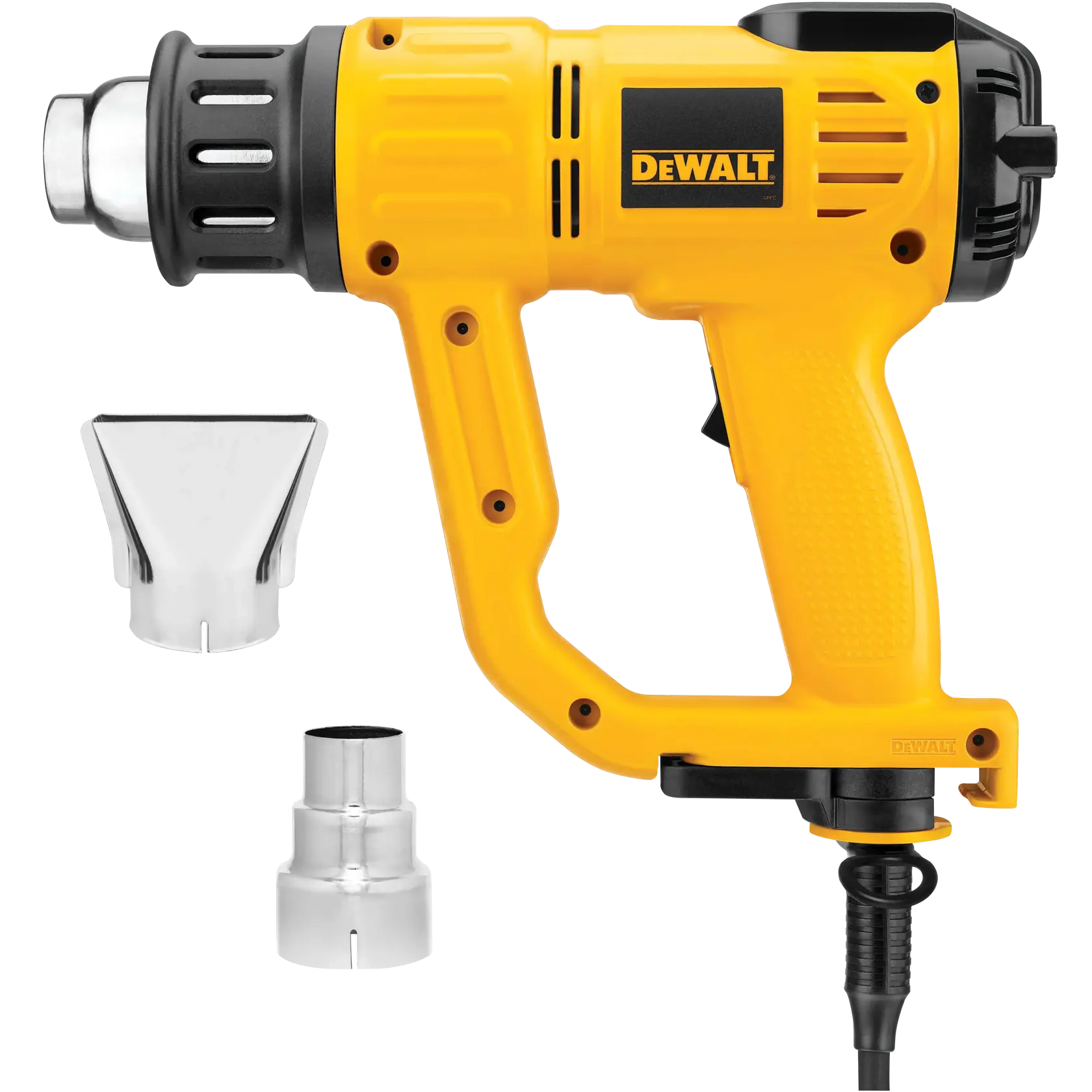 A yellow DEWALT heat gun with black accents, shown with two metal nozzle attachments placed beside it. The heat gun features a corded power supply and an ergonomic handle.