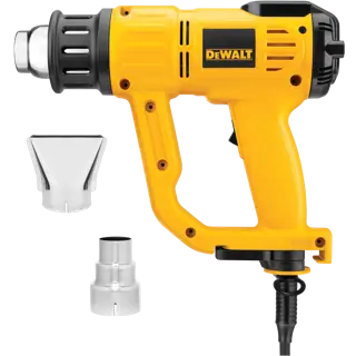 A yellow DEWALT heat gun with black accents, shown with two metal nozzle attachments placed beside it. The heat gun features a corded power supply and an ergonomic handle.