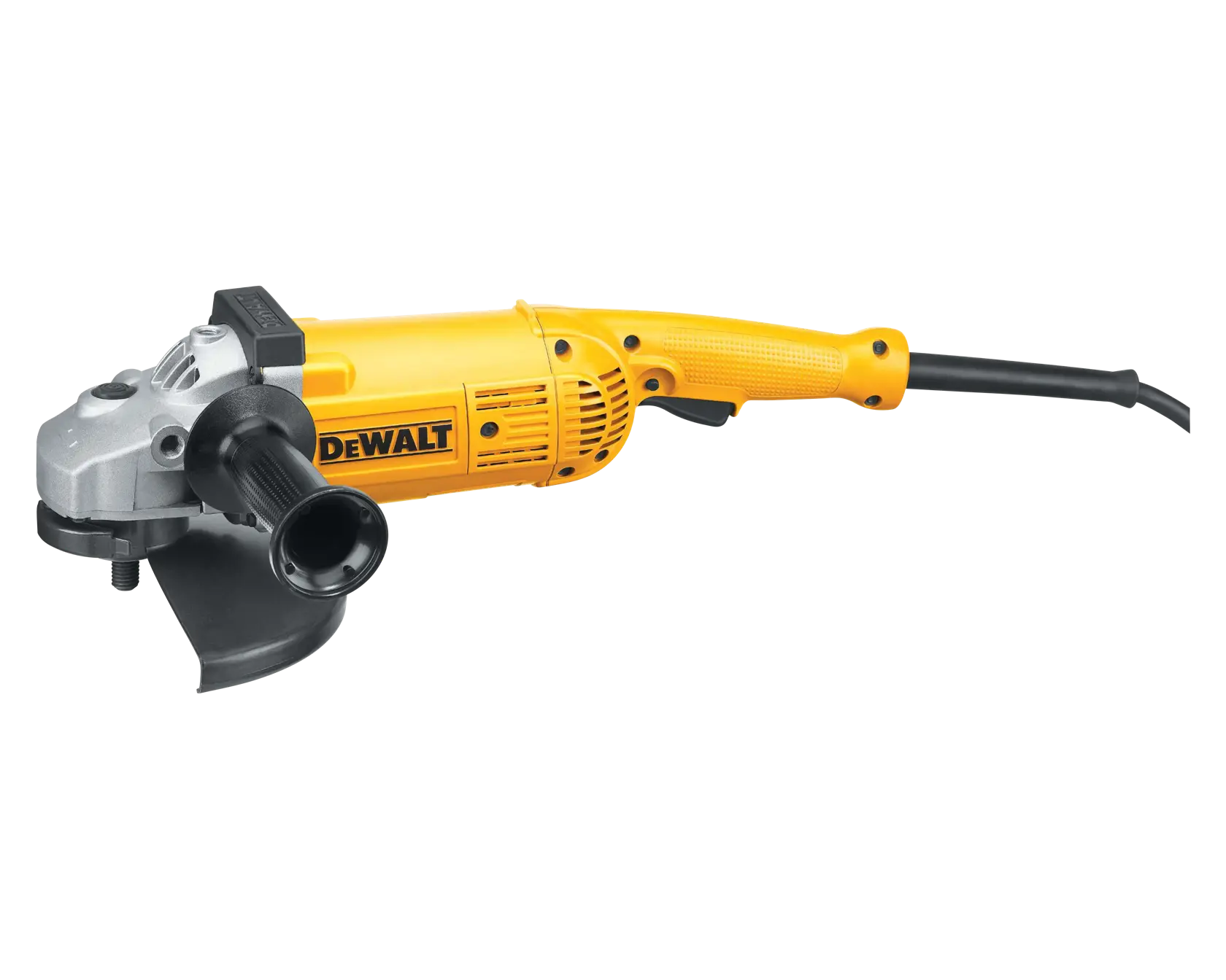 A yellow and black DEWALT angle grinder with a side handle and a power cord.