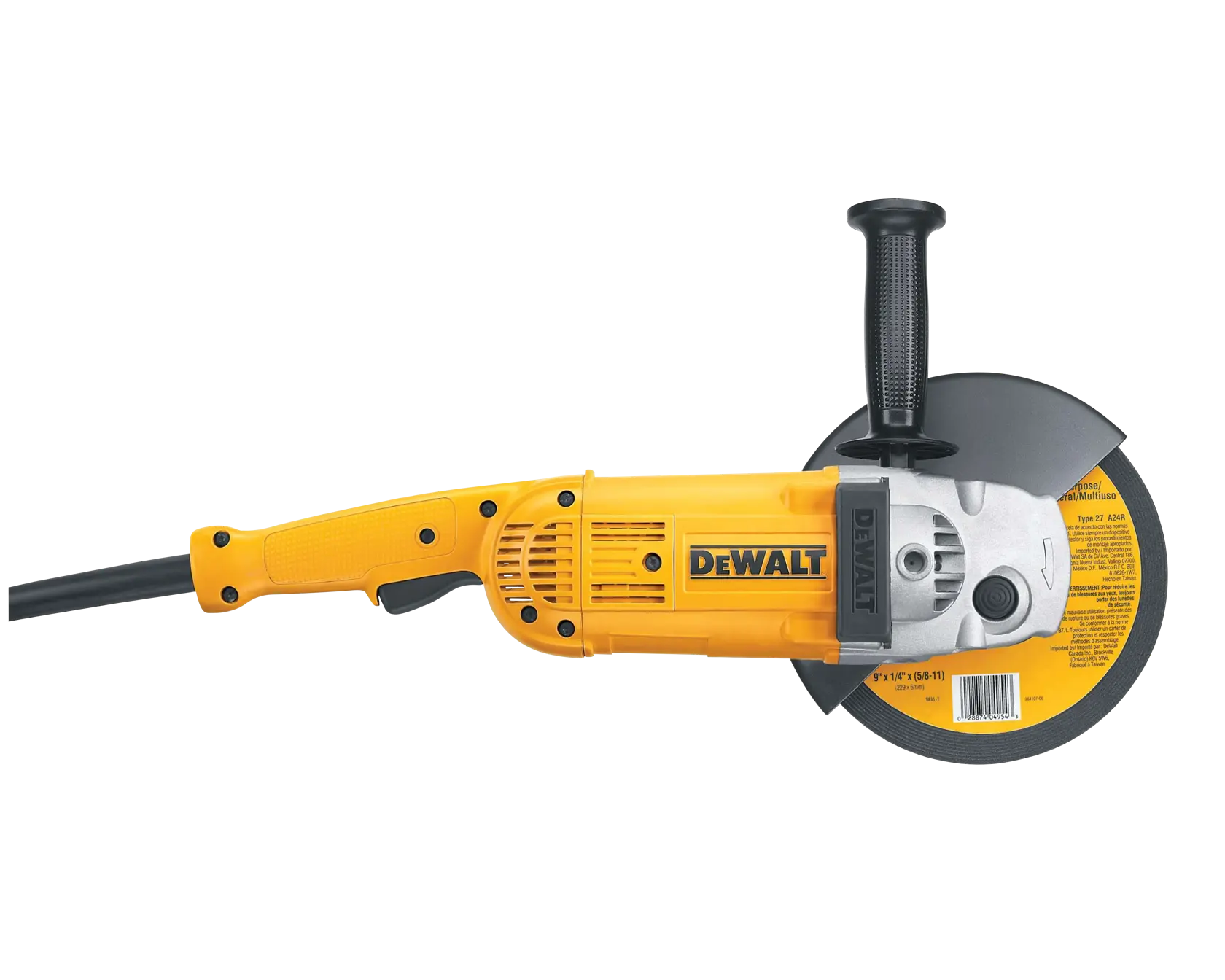 A DEWALT branded yellow and black corded angle grinder with a side handle and a protective guard around the grinding disc.