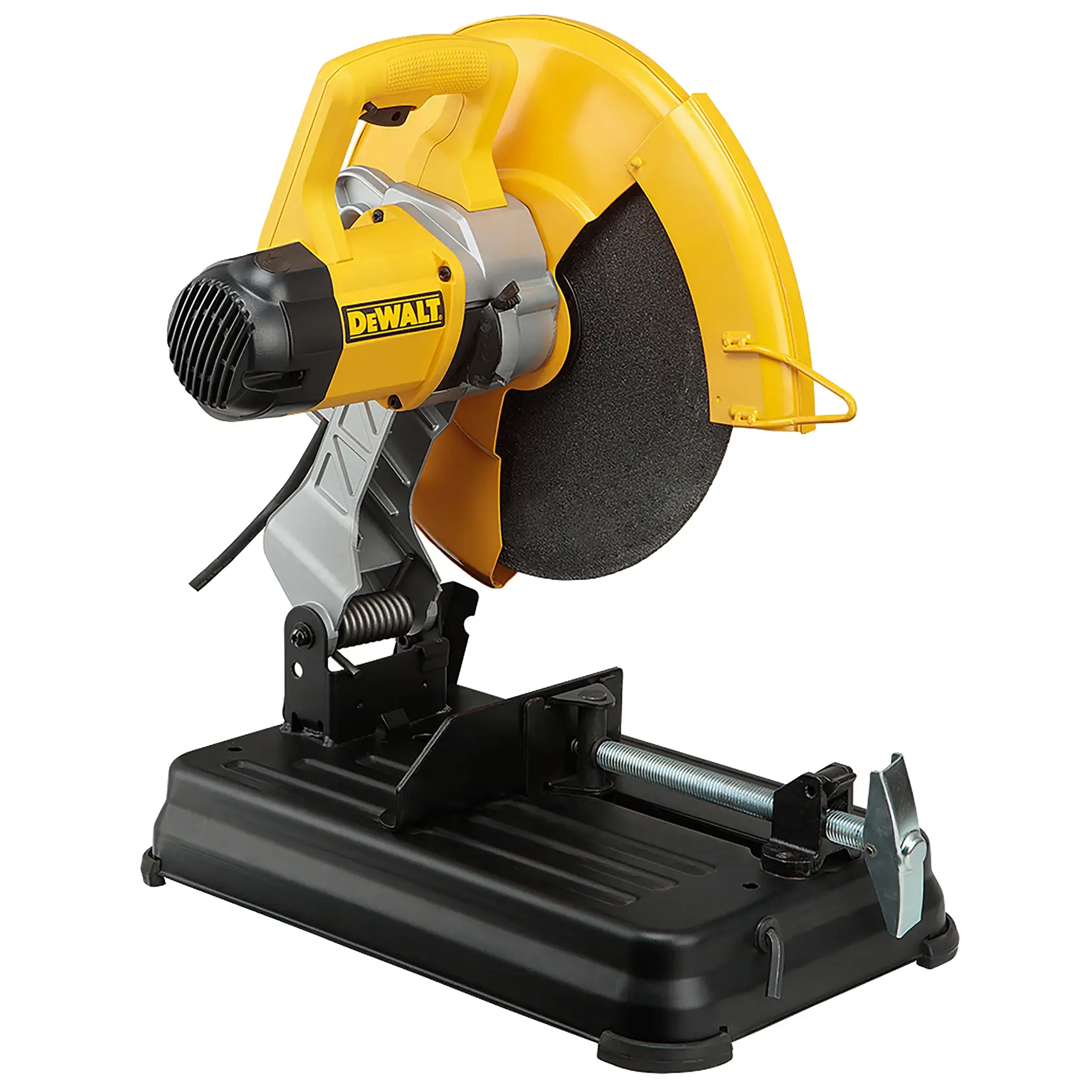 A yellow and black power tool, specifically a DEWALT chop saw, designed for cutting metal or other materials, with a large circular blade and a sturdy black base.