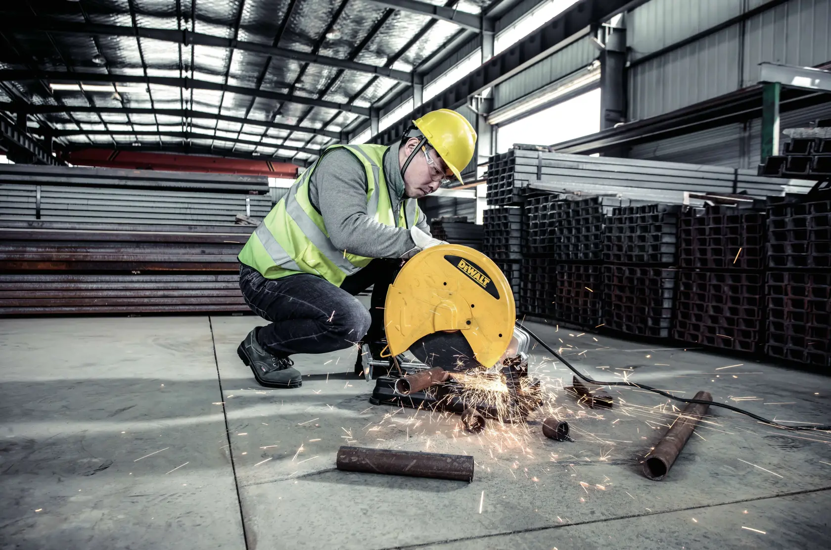 A worker wearing a yellow safety helmet and high-visibility vest is using a yellow DEWALT power saw to cut a metal pipe in an industrial warehouse. Sparks are flying from the cutting area. Metal pipes and beams are stacked in the background.
