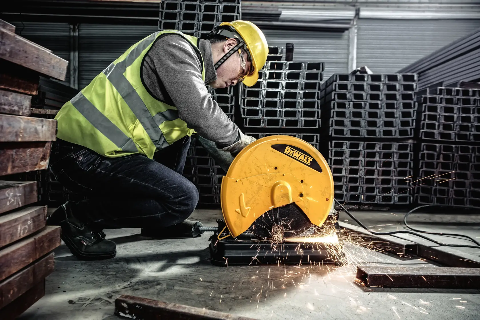 A worker wearing a safety vest and helmet uses a DEWALT D28730 power tool to cut metal, creating sparks in an industrial setting with stacked metal beams.
