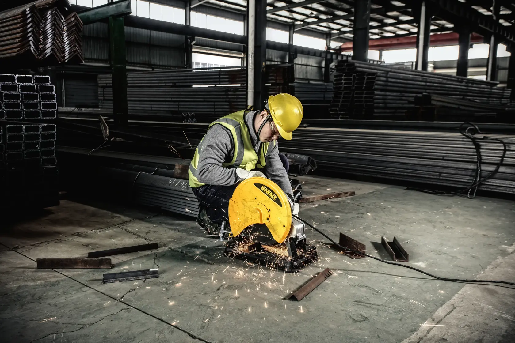 A worker wearing a yellow hard hat and reflective vest uses a yellow power saw to cut metal bars on the floor inside a large industrial warehouse. Sparks are visible from the cutting process.