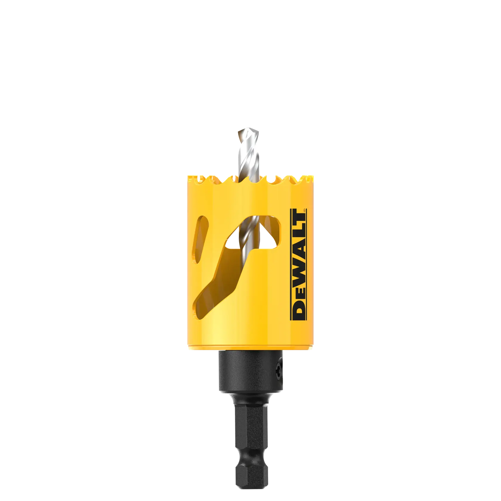 DEWALT yellow hole saw drill bit with black hex shank, used for cutting holes in wood or metal.