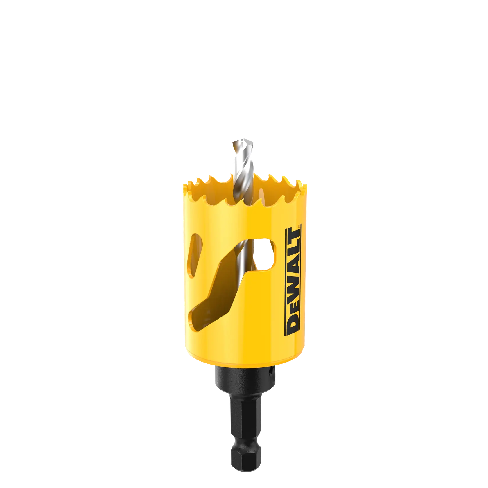 Yellow DEWALT hole saw drill bit with sharp teeth and black shank, used for cutting holes in materials.