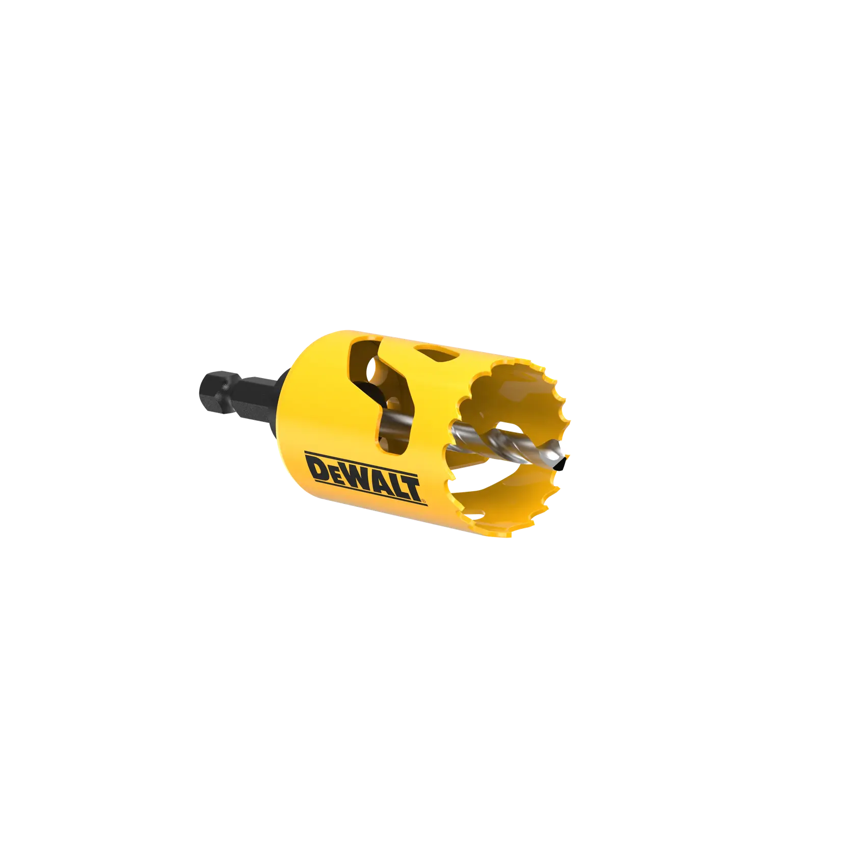 DEWALT yellow hole saw drill bit with a hex shank, shown on a white background.