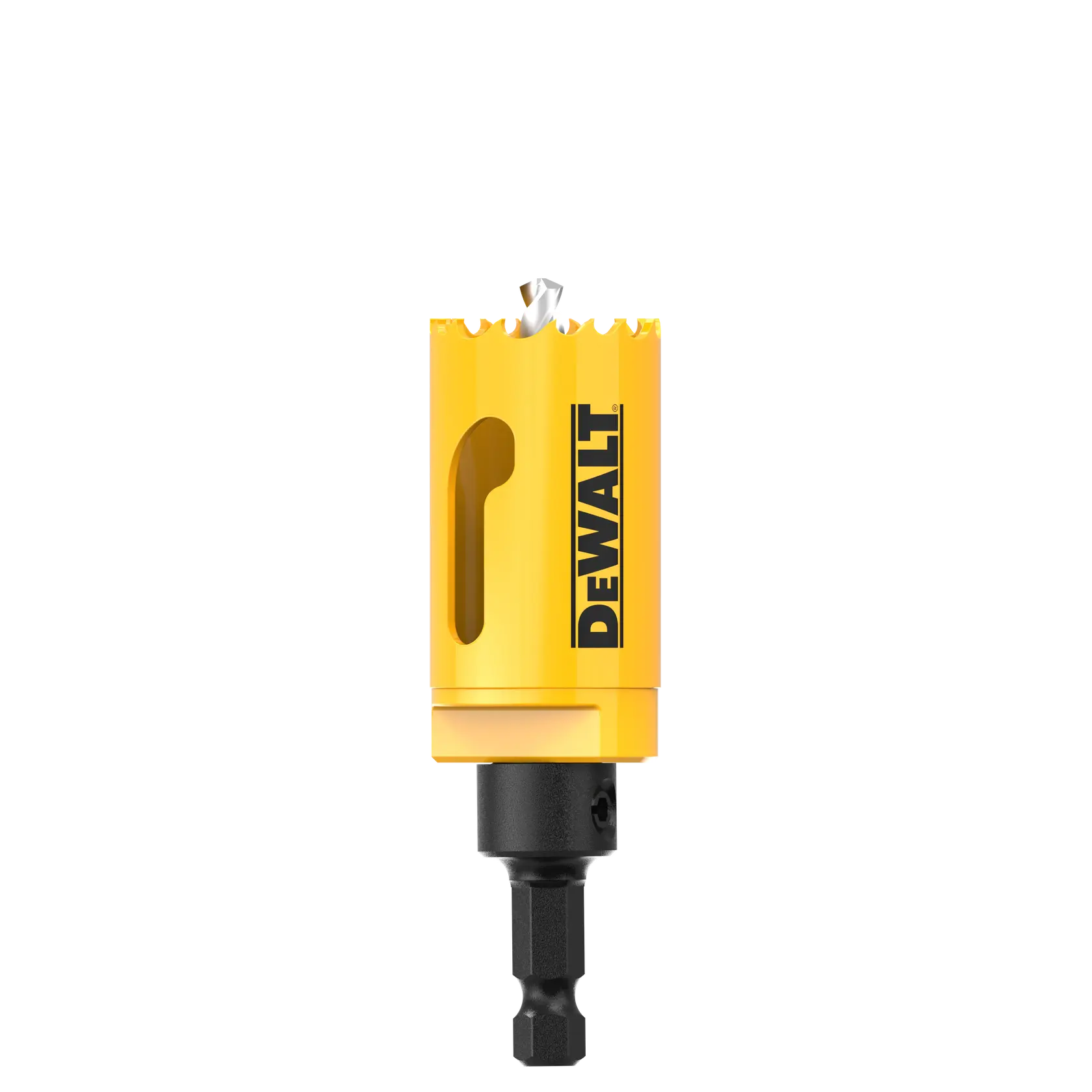 Yellow DEWALT hole saw drill attachment with sharp teeth and hex shank, used for cutting circular holes.