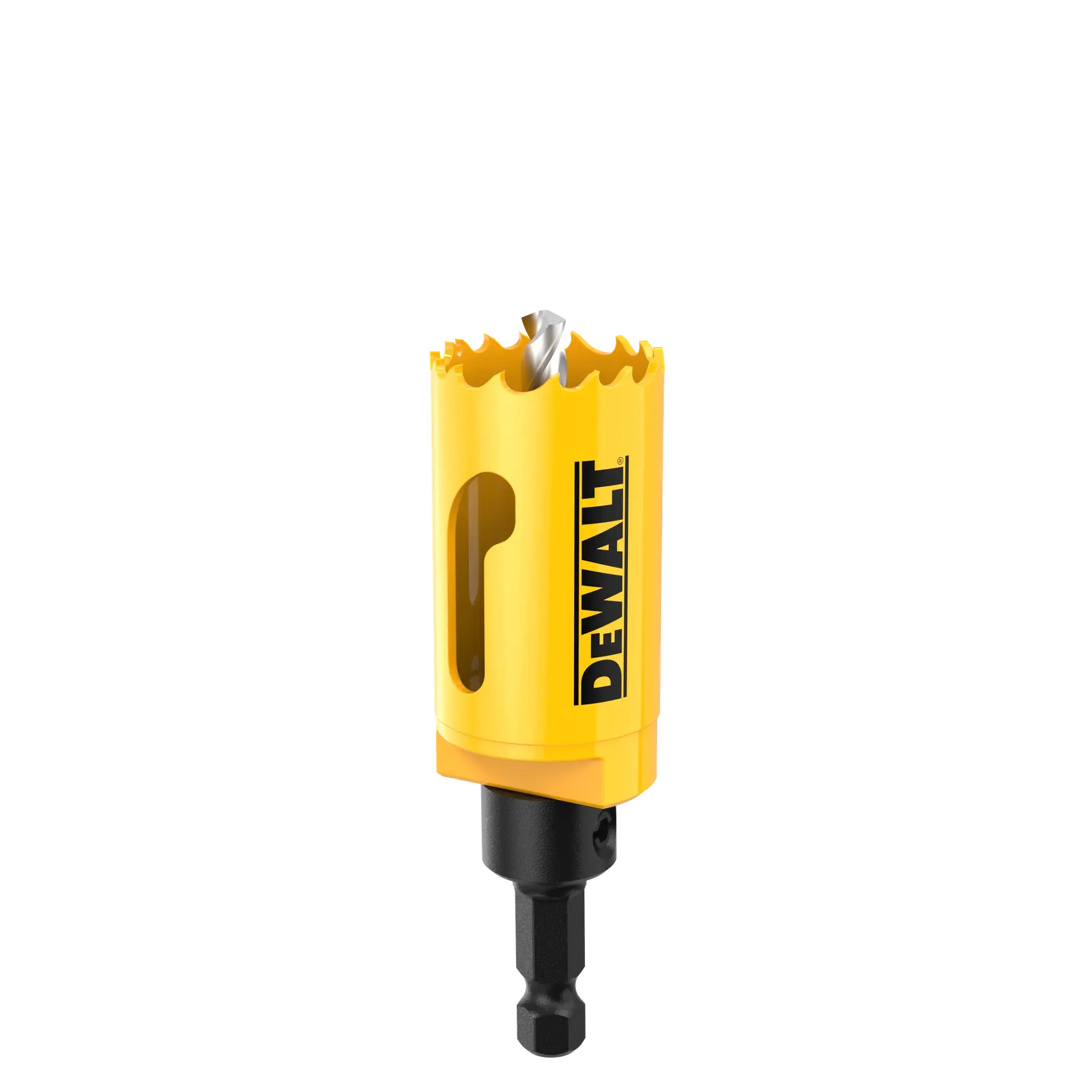 DEWALT yellow hole saw drill bit with a hex shank and jagged cutting edge, shown upright on a white background.