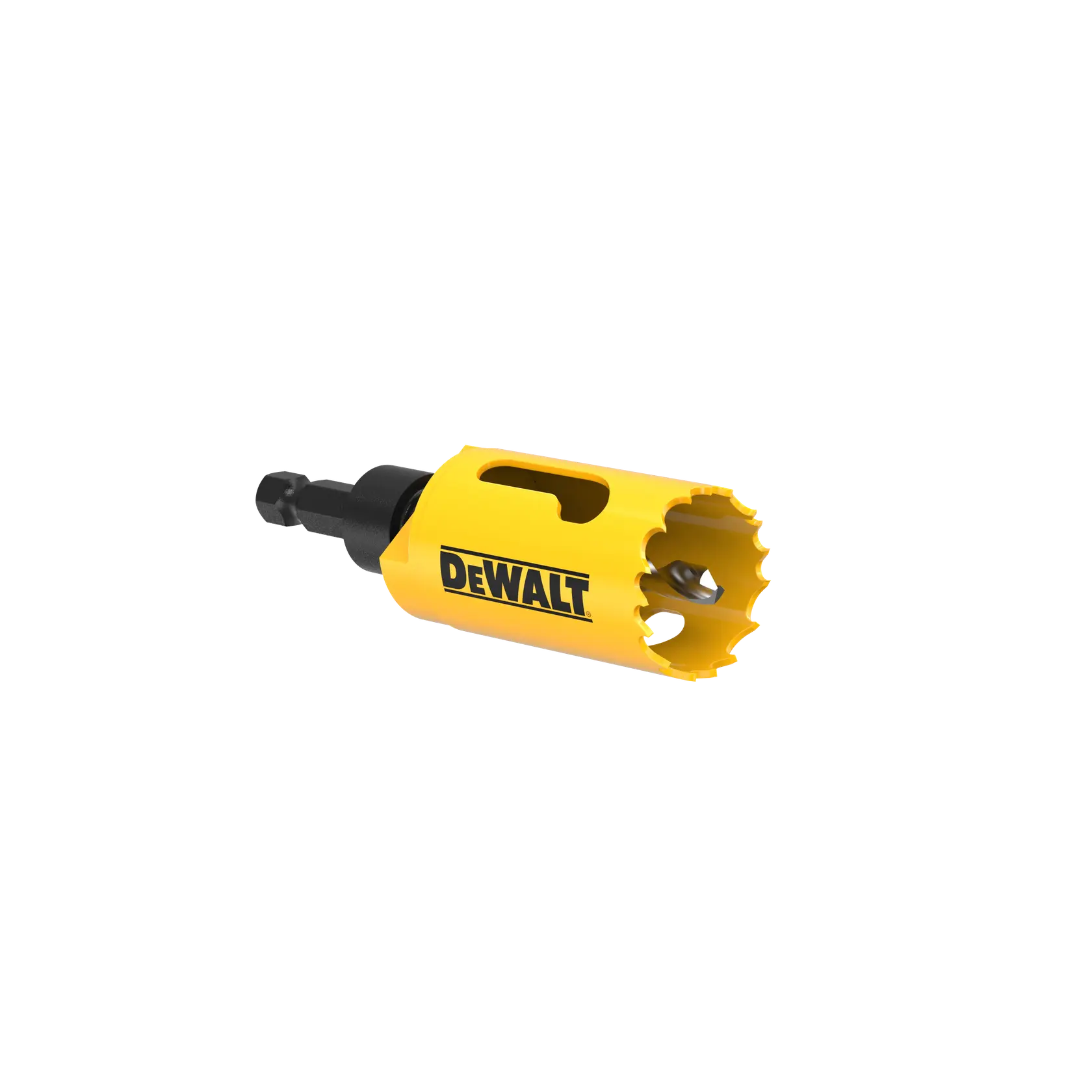 DEWALT yellow hole saw drill bit with hex shank, designed for cutting holes in various materials.