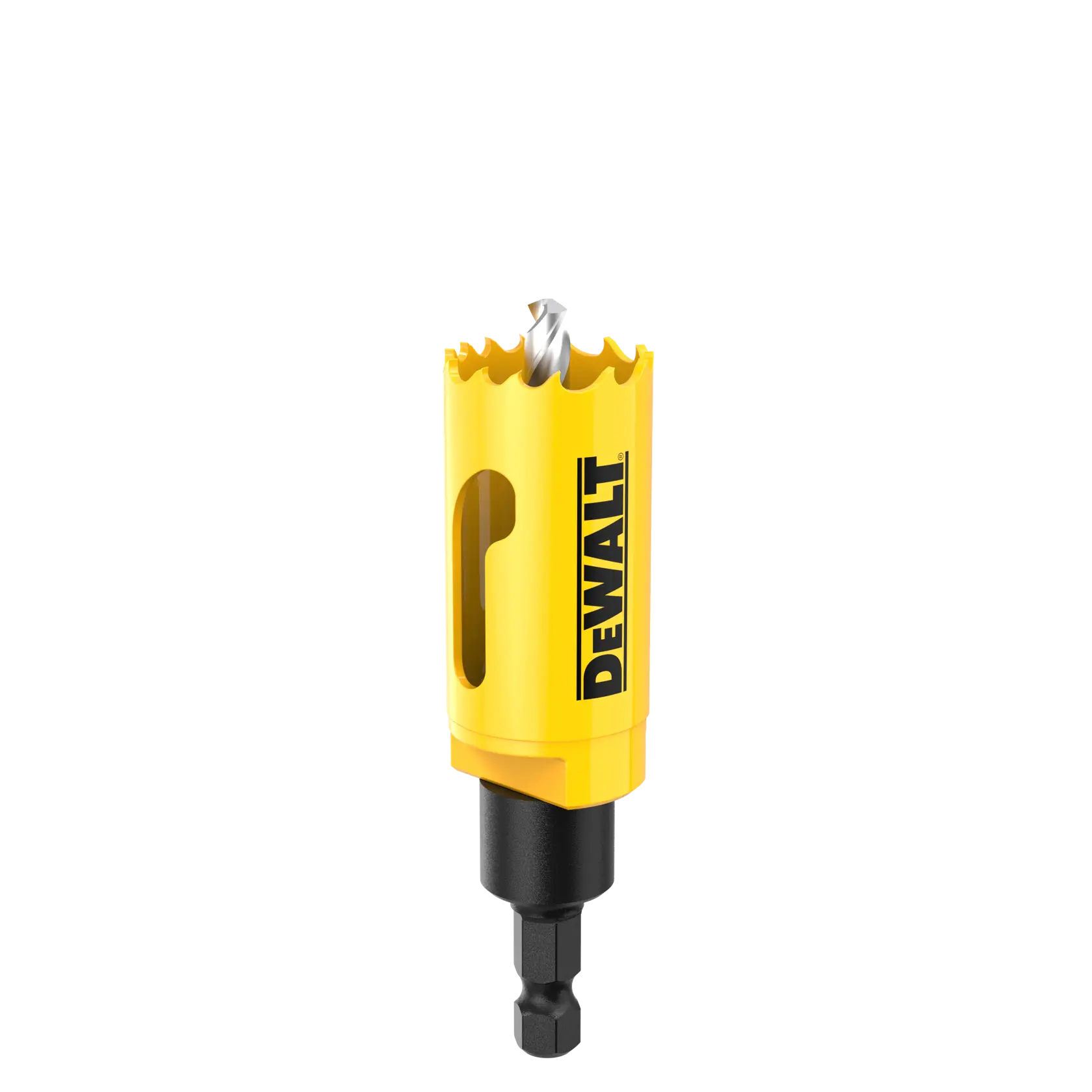 Yellow DEWALT hole saw drill bit with hex shank, shown upright on a white background.