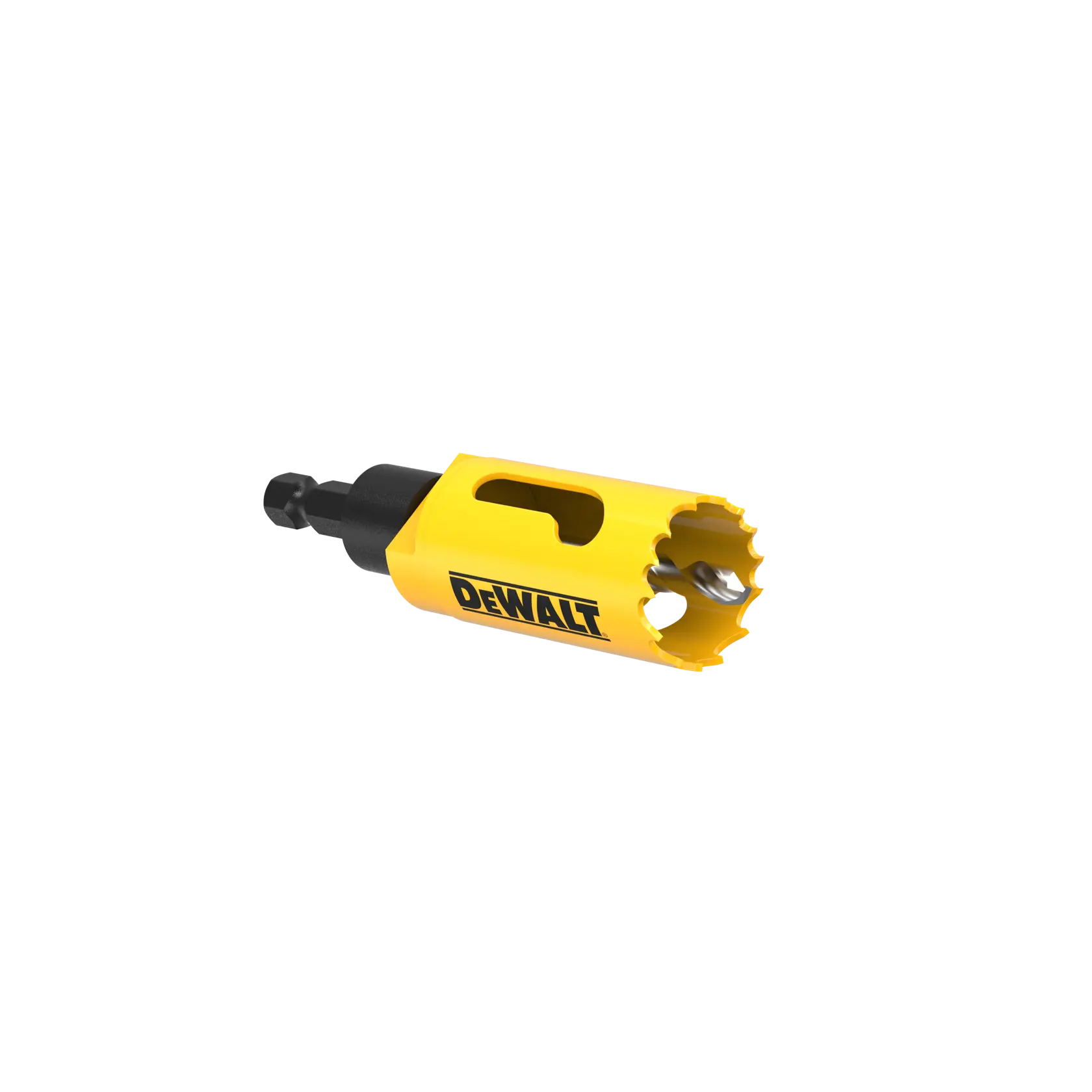 DEWALT yellow hole saw drill bit with black shank, suitable for cutting holes in various materials.