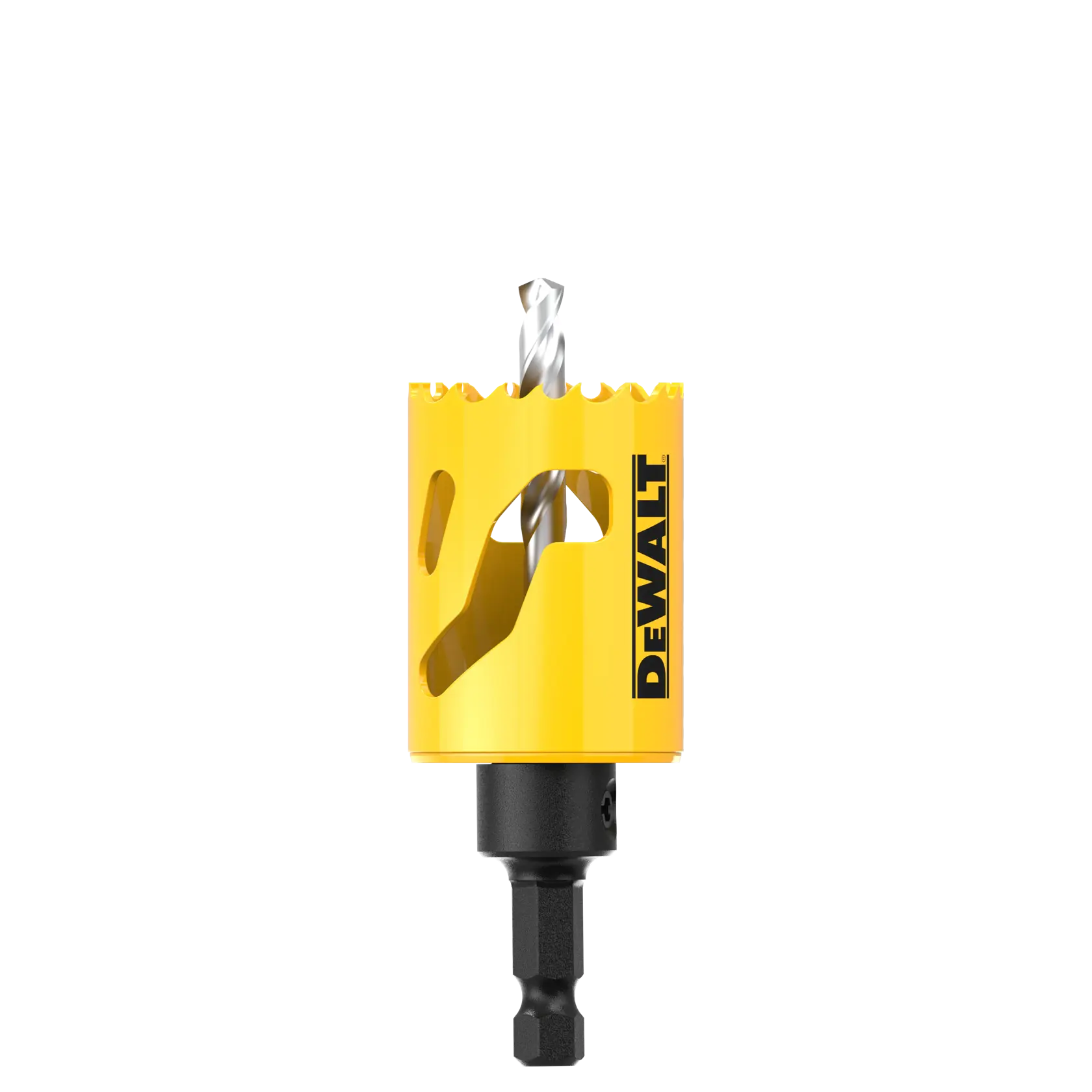 DEWALT yellow hole saw drill bit with black hex shank, used for cutting holes in wood or metal.