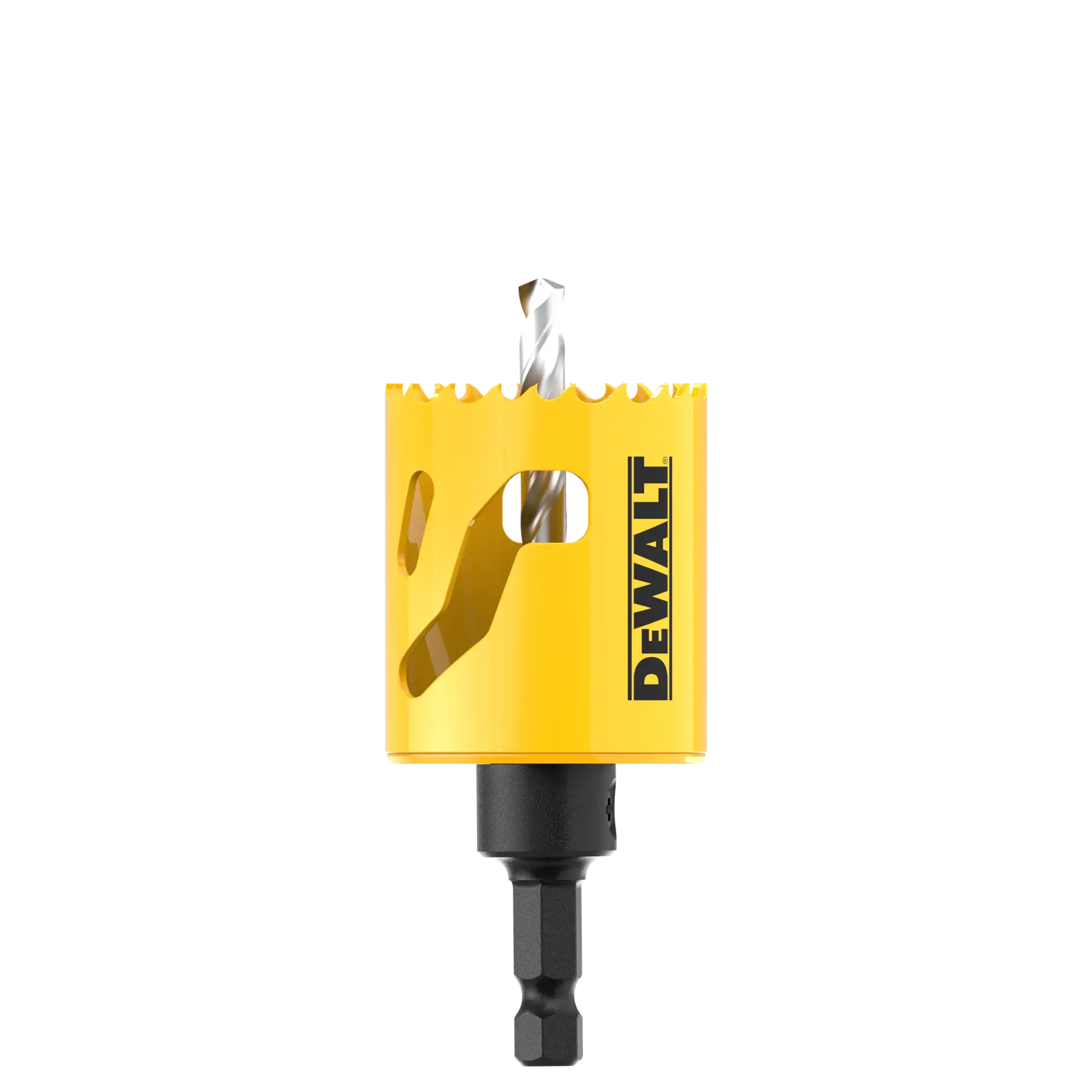 Yellow DEWALT hole saw drill bit with sharp teeth and hex shank for cutting holes in materials.