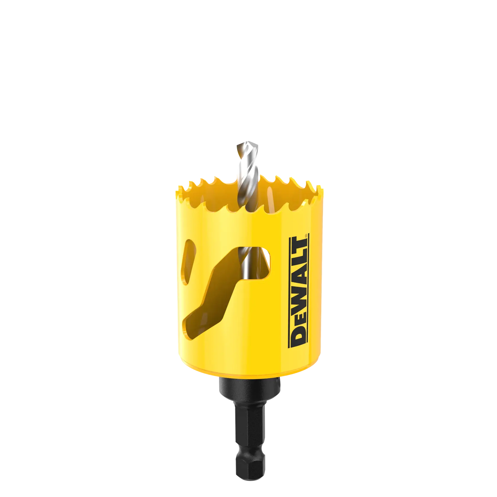 DEWALT yellow hole saw drill bit with sharp teeth and hex shank, used for cutting holes in materials.