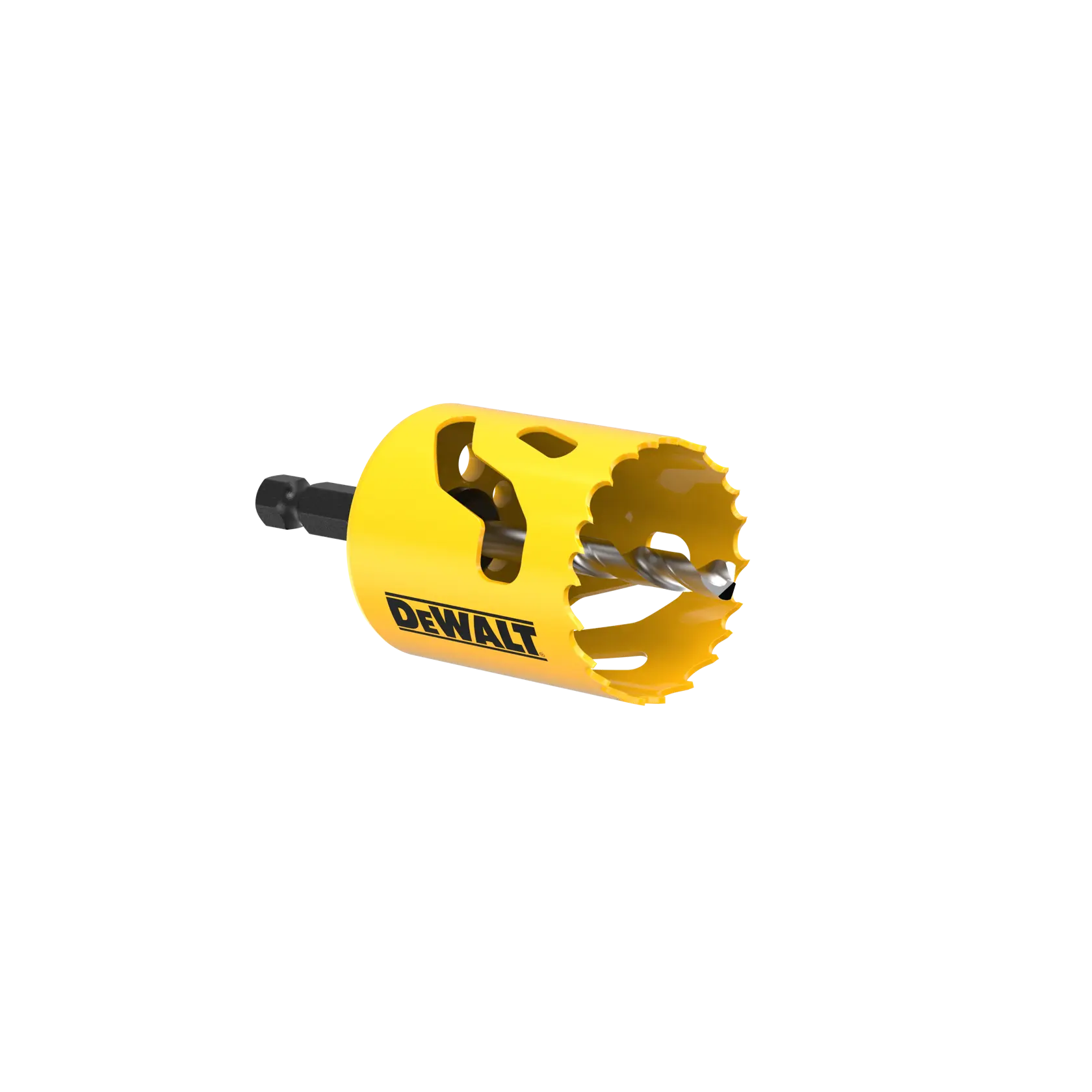 Yellow DEWALT hole saw drill bit with saw teeth and hex shank for cutting holes in various materials.