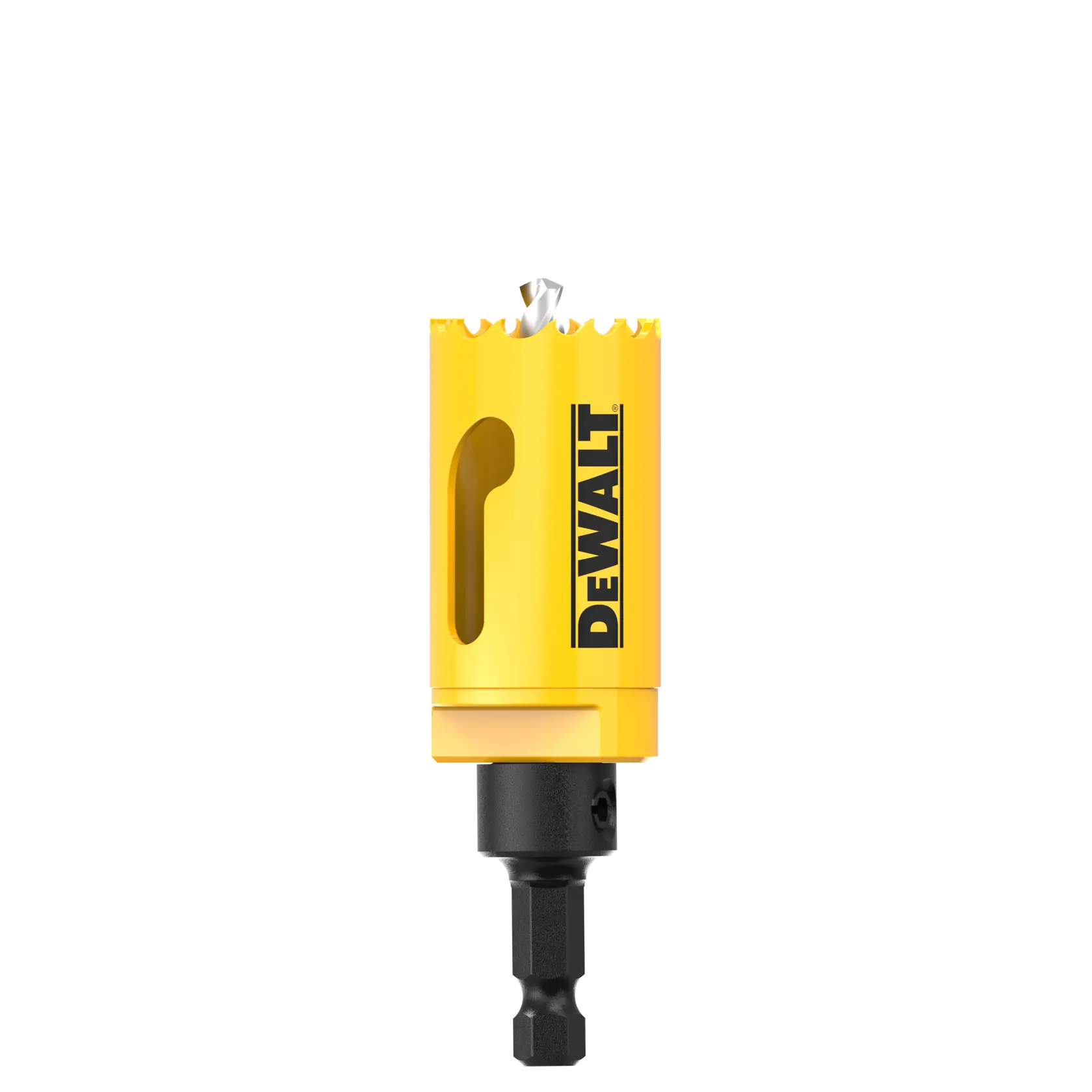 Yellow DEWALT hole saw drill attachment with sharp teeth and hex shank, used for cutting circular holes.
