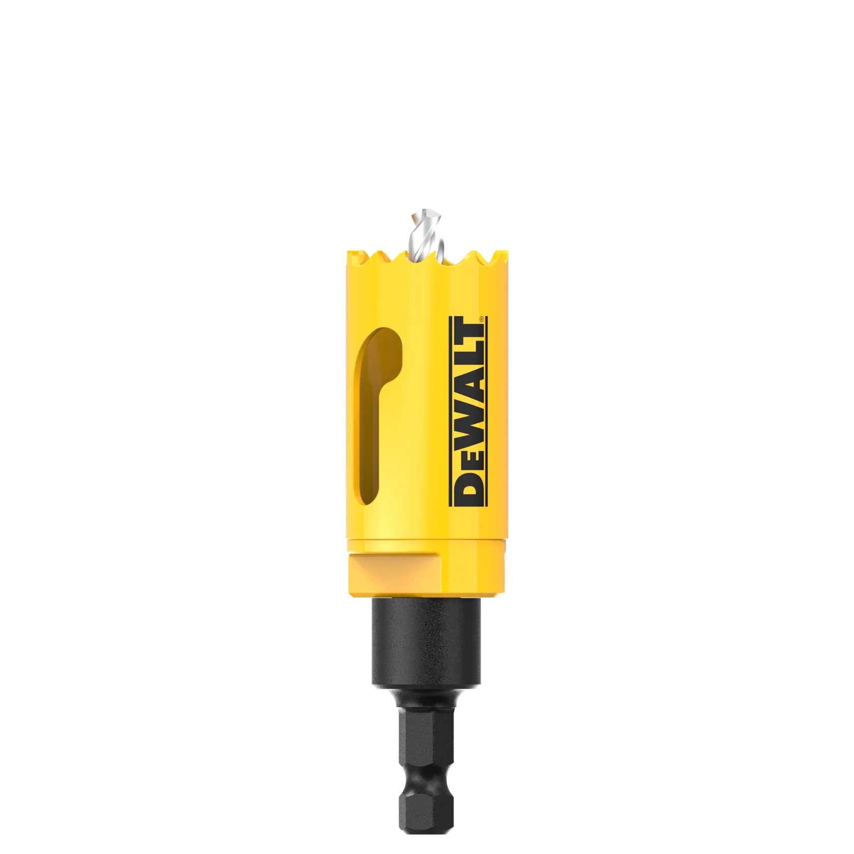 DEWALT yellow hole saw drill bit with carbide teeth and hex shank, shown upright on a white background.