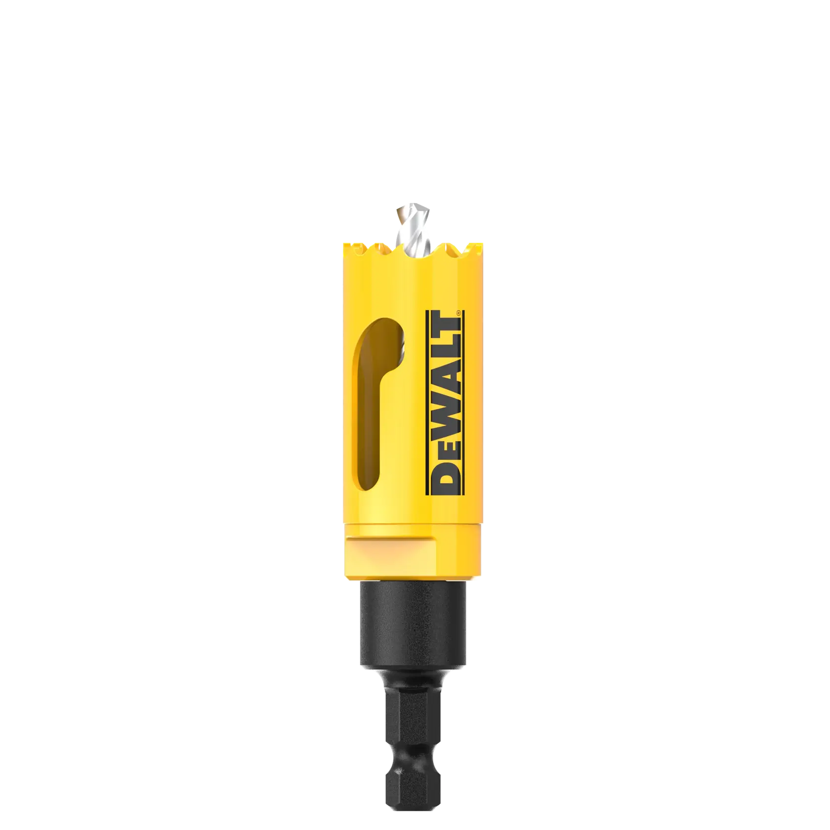 DEWALT yellow hole saw drill bit with black shank, vertical orientation, white background.