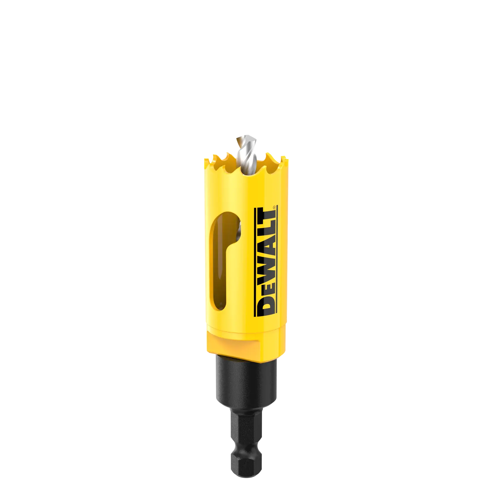 DEWALT yellow hole saw drill bit with hex shank, designed for drilling clean holes in various materials.