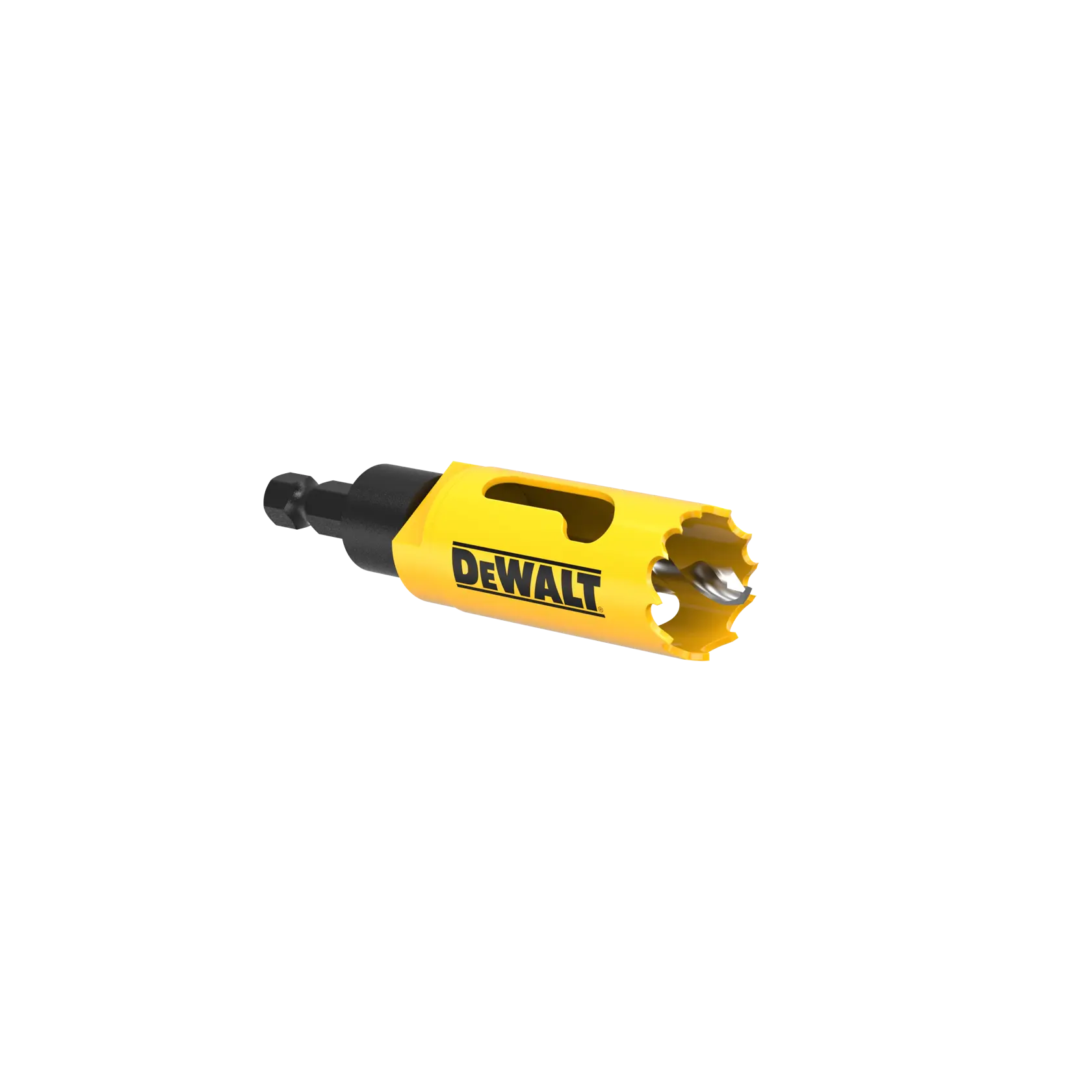 DEWALT yellow hole saw drill bit with hex shank, used for cutting holes in materials. Isolated on white background.