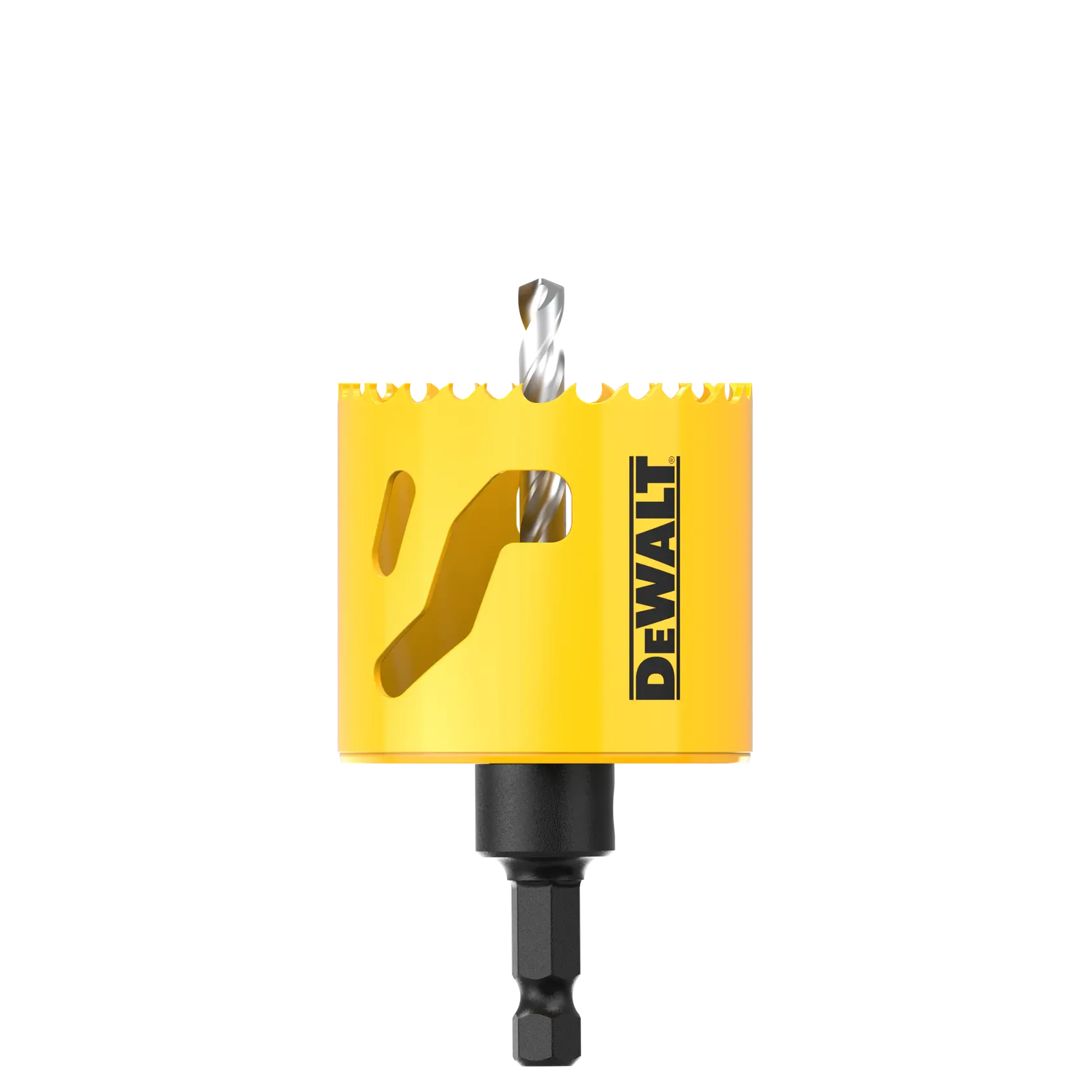Yellow DEWALT hole saw drill bit with sharp teeth and hex shank, shown on a white background.
