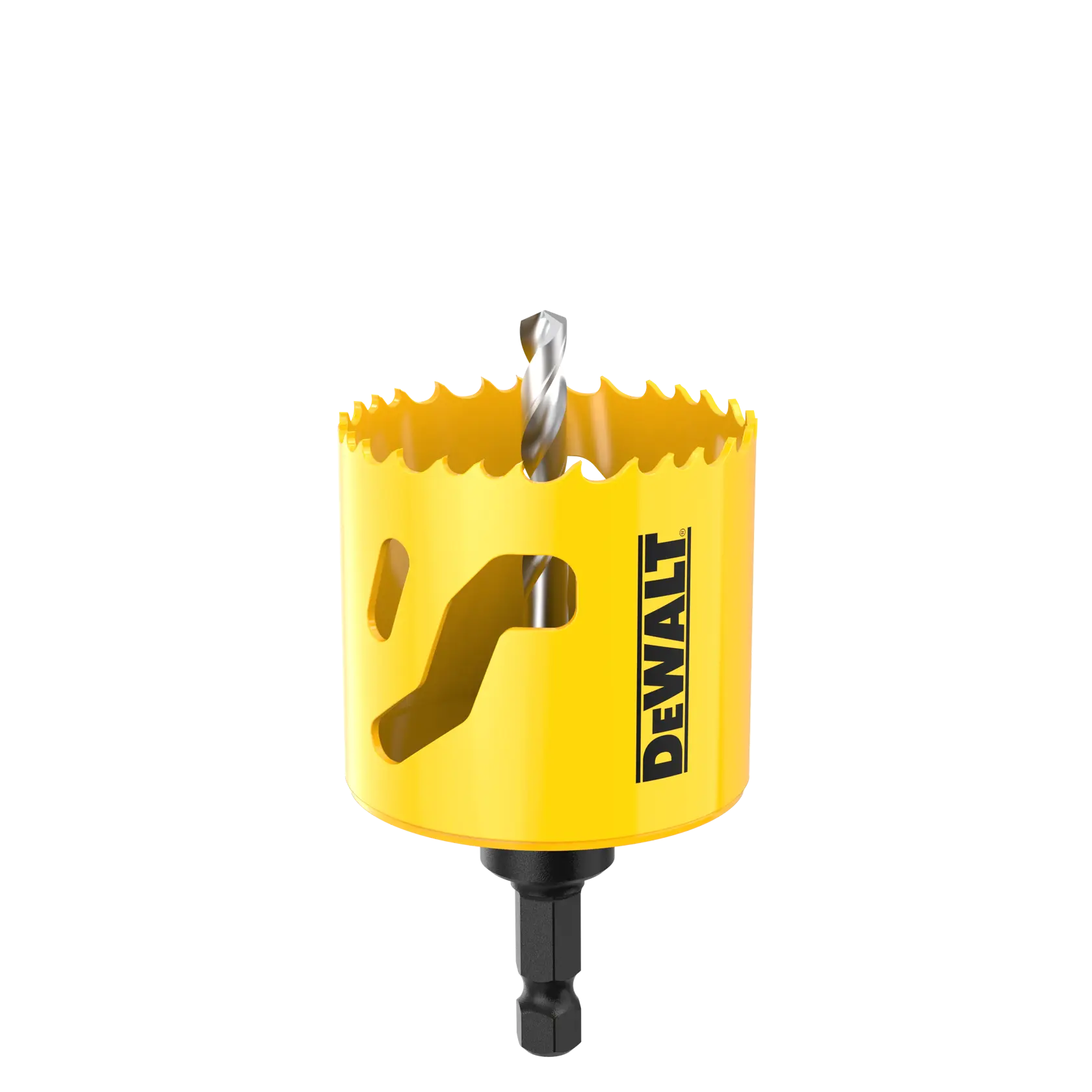 Yellow DEWALT hole saw drill bit with jagged edge and black shank, shown upright on white background.