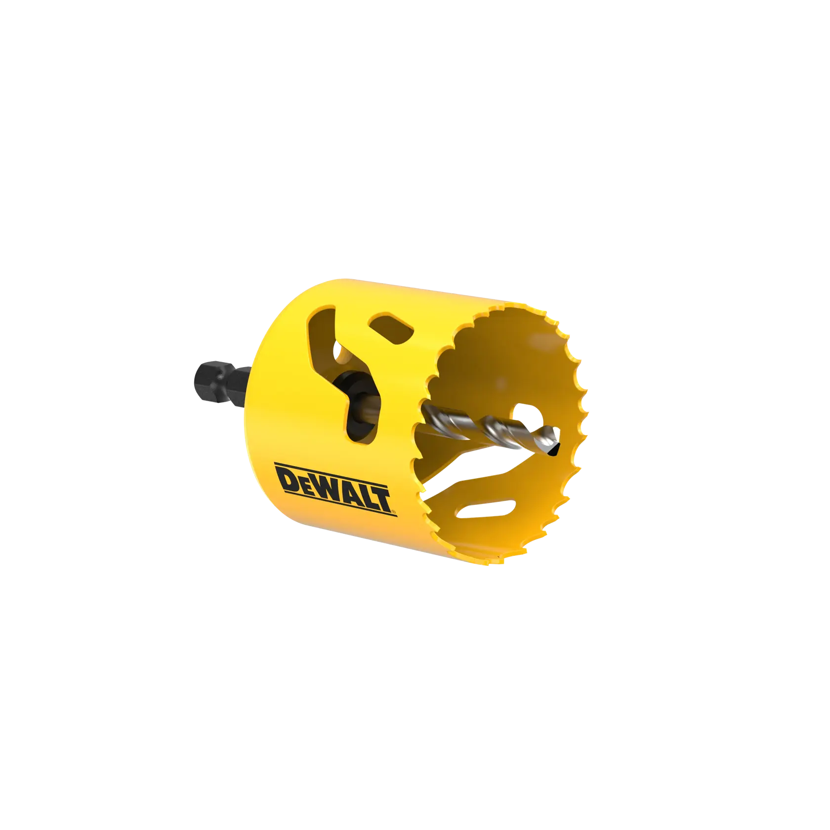 Yellow DEWALT hole saw drill bit with jagged edge, designed for cutting circular holes in materials.