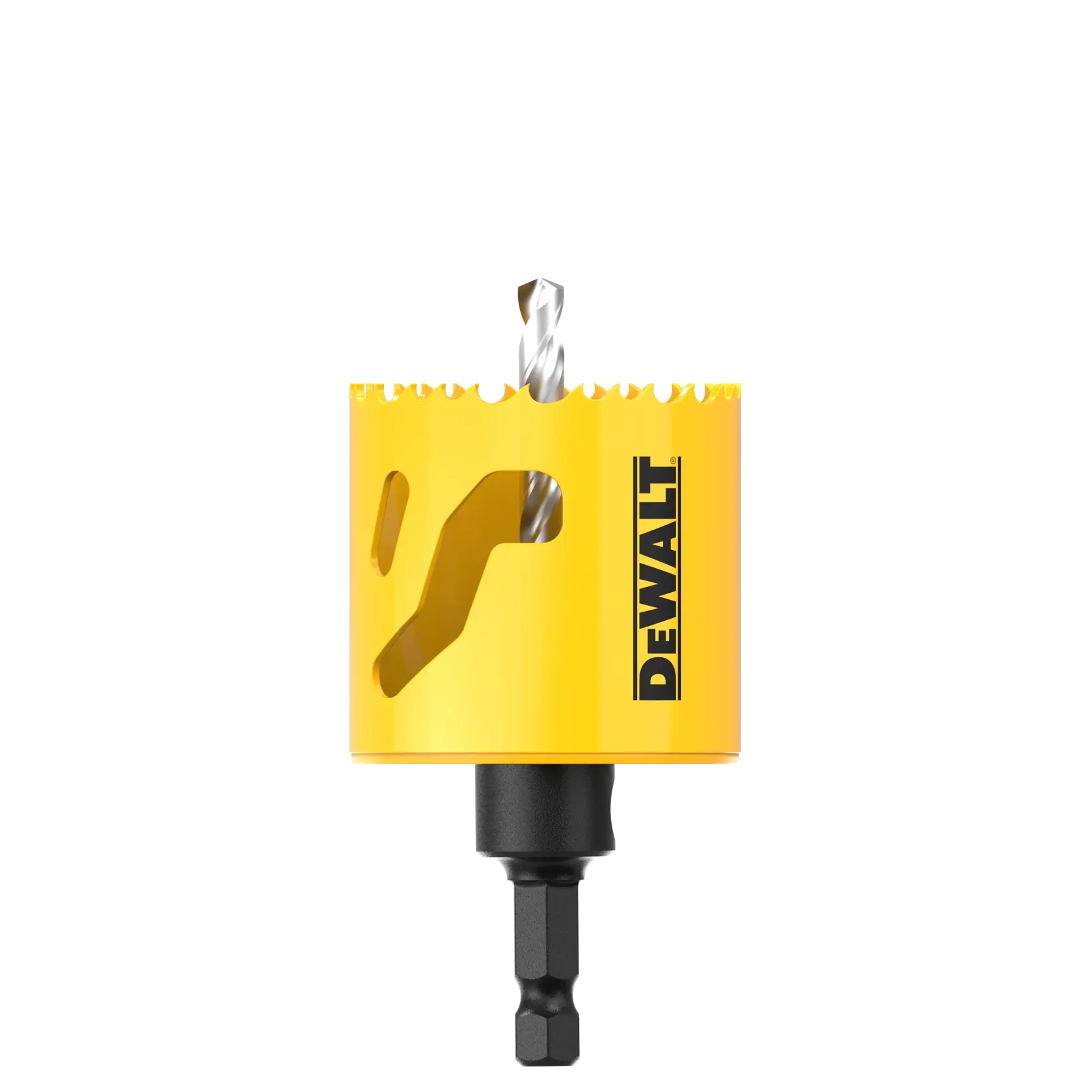 DEWALT yellow hole saw with drill bit and hex shank, designed for cutting holes in various materials.