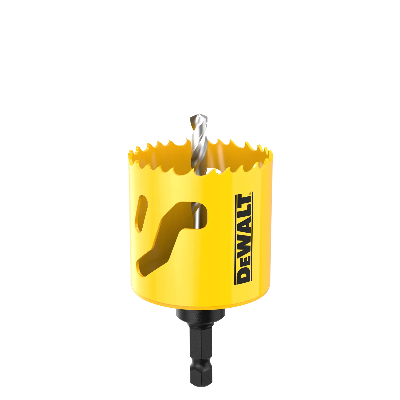 DEWALT yellow hole saw drill bit with sharp teeth and hex shank, used for cutting holes in materials.