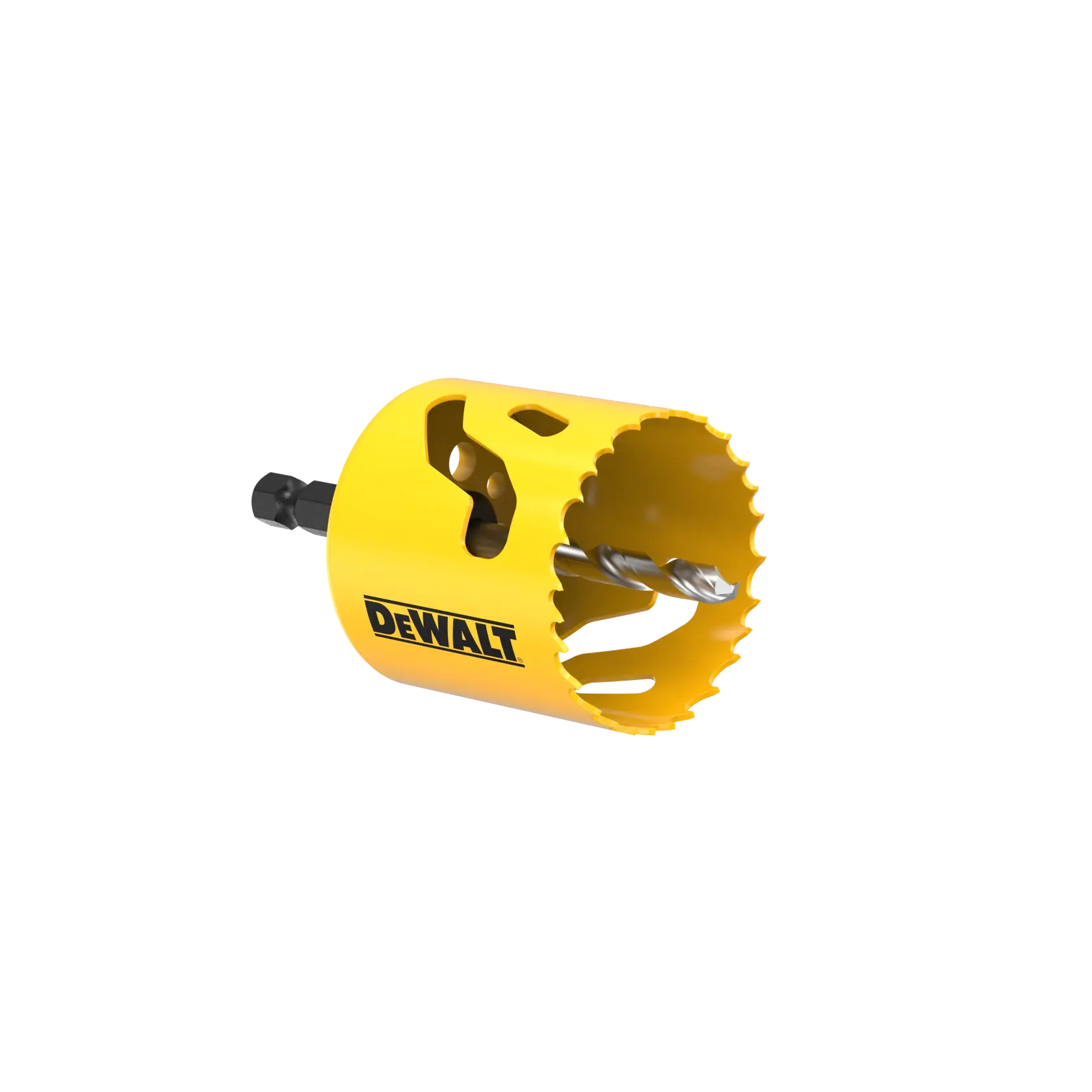 Yellow DEWALT hole saw drill bit with jagged edge and attached black shank, shown on white background.