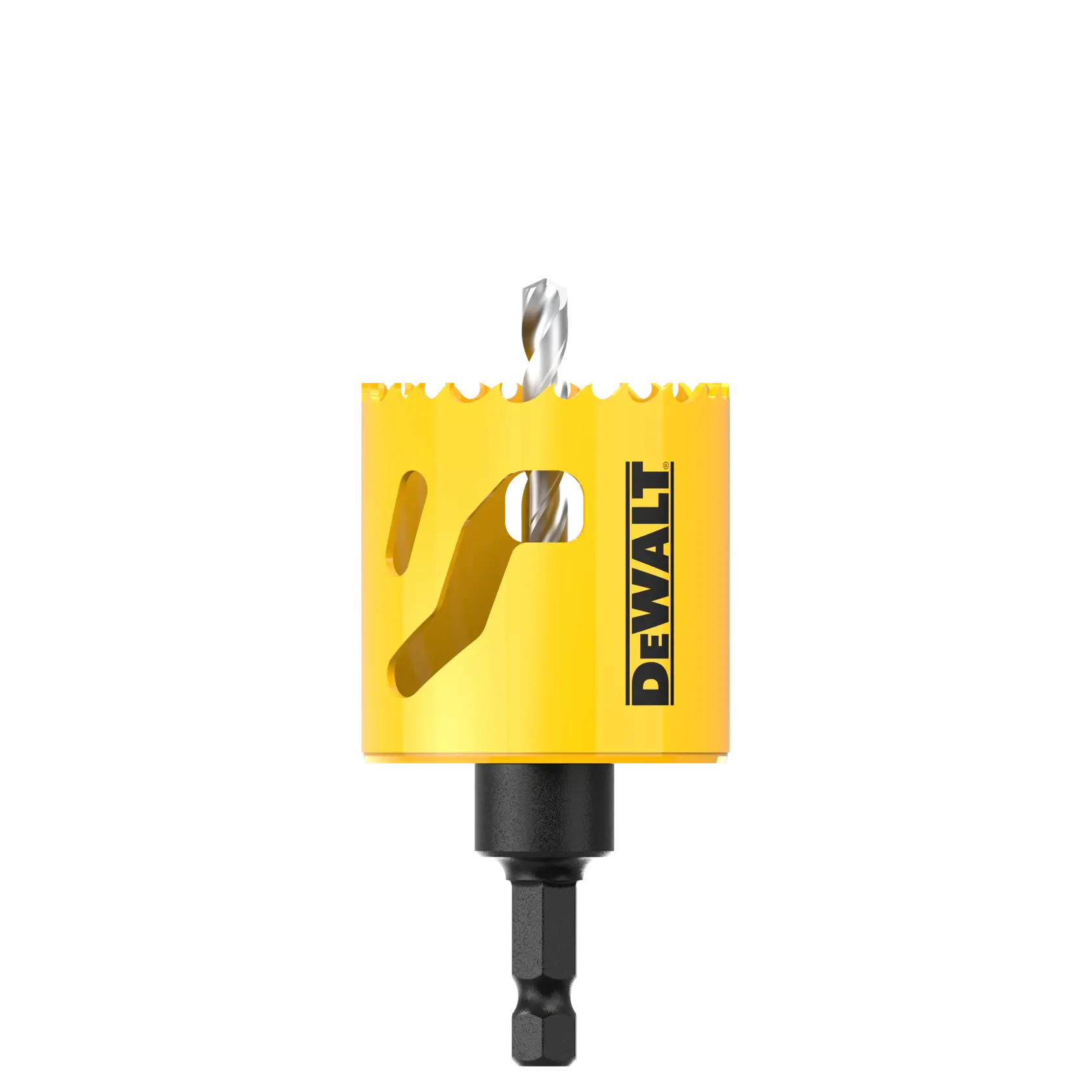 DEWALT yellow hole saw drill bit with black shank, shown upright on white background.