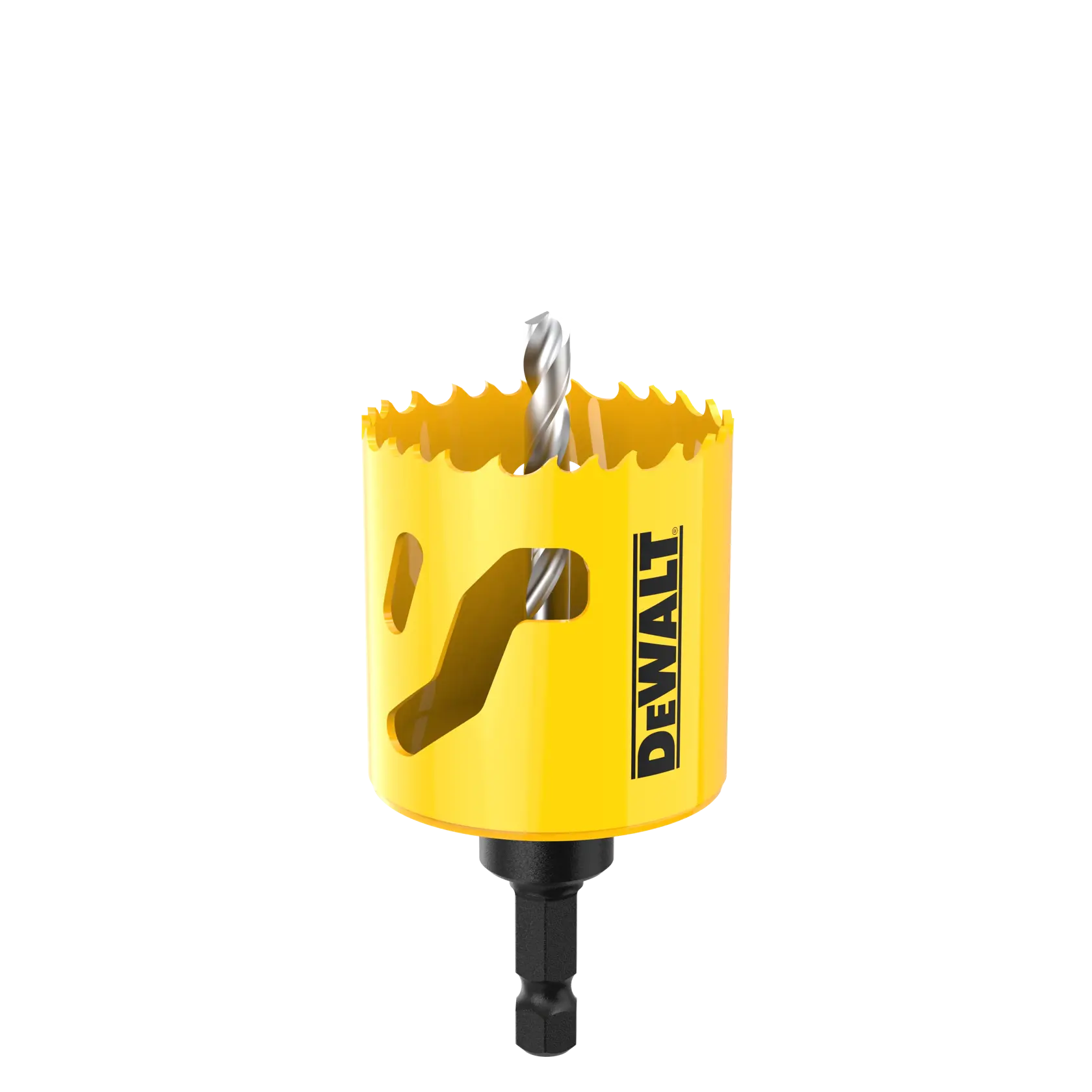 DEWALT yellow hole saw drill bit with jagged teeth and hex shank, used for cutting precise circular holes.