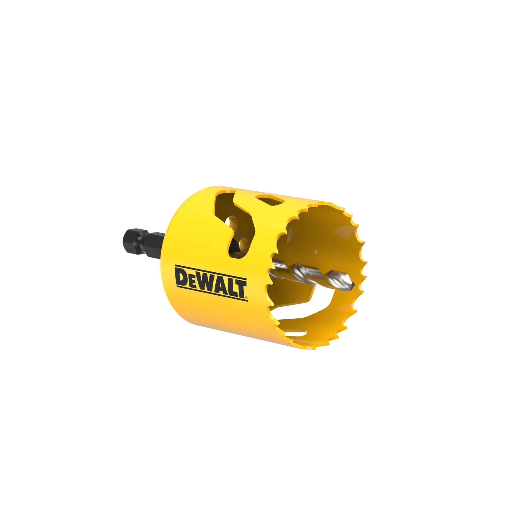Yellow DEWALT hole saw bit with sharp teeth and drill attachment, suitable for cutting holes in materials.