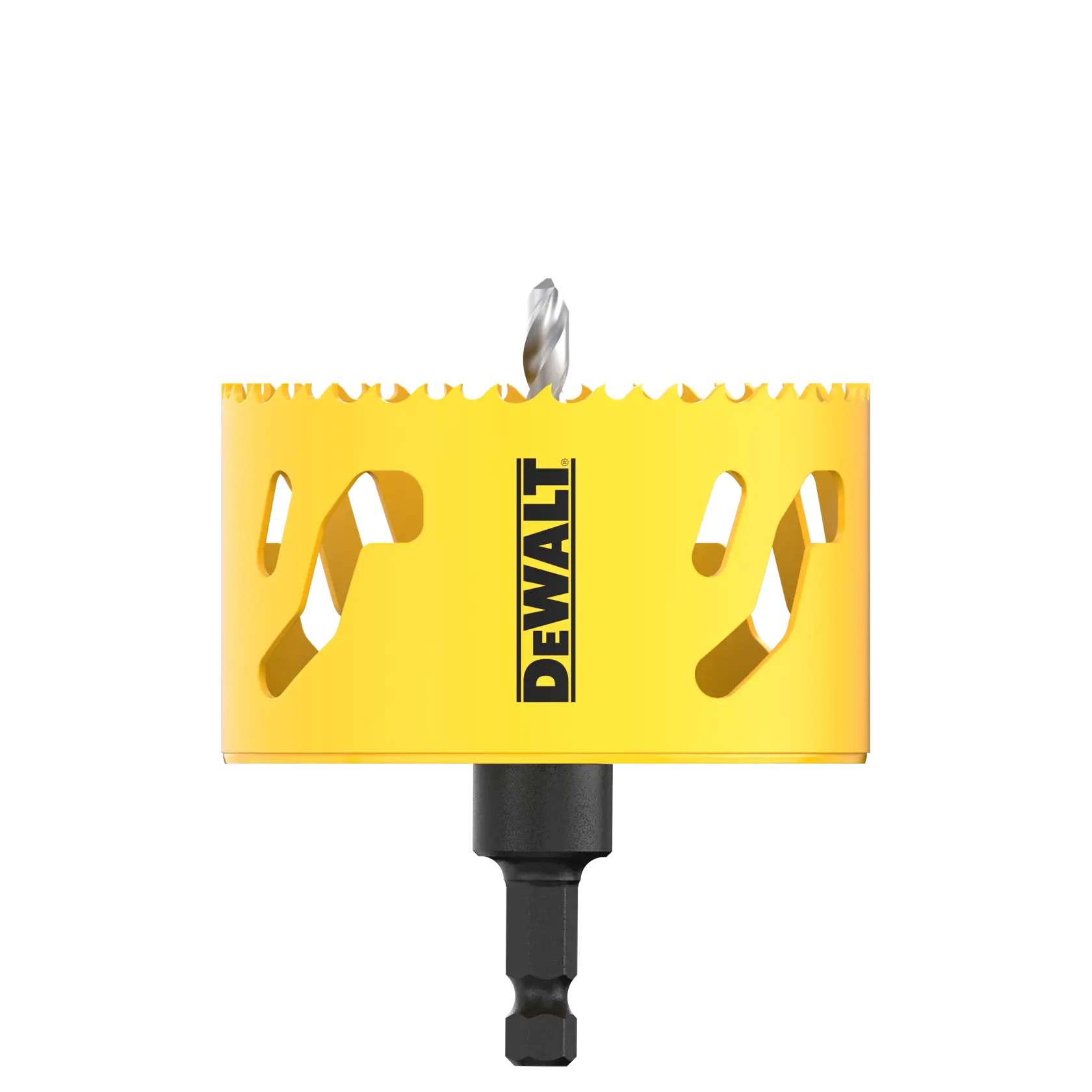 Yellow DEWALT hole saw drill bit with sharp teeth and black shank, designed for cutting holes in materials.