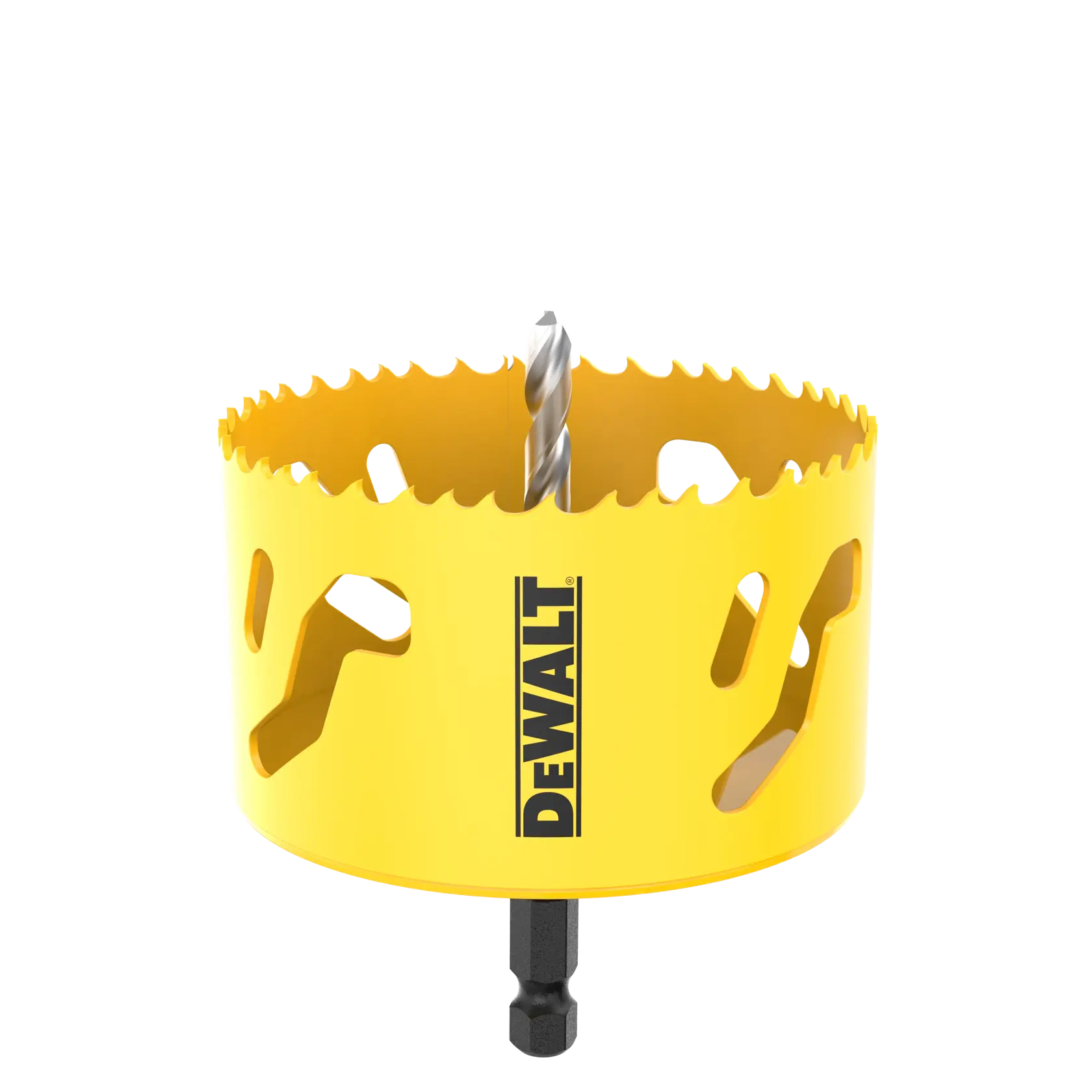 Yellow DEWALT hole saw drill bit with sharp teeth and central pilot drill, shown upright.