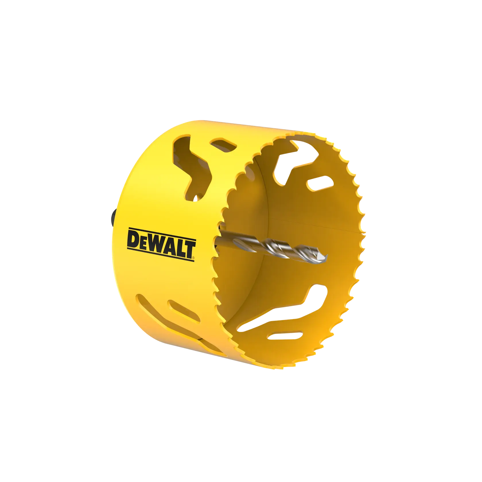 Yellow DEWALT hole saw drill bit with serrated edge for cutting circular holes in materials.