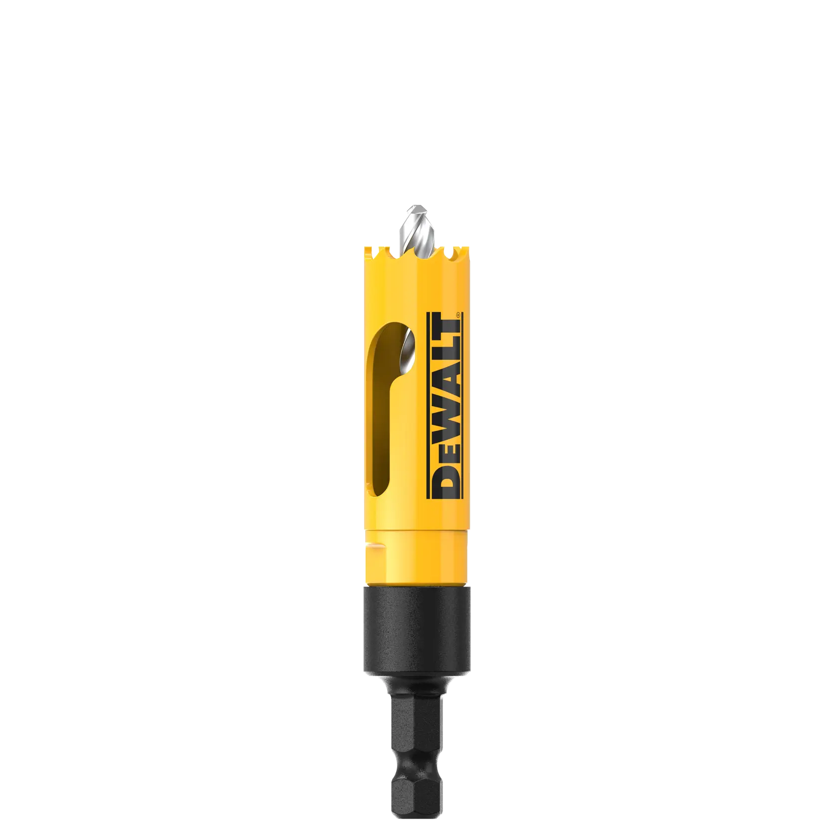 Yellow DEWALT hole saw with black shank and drill bit, upright on a white background.