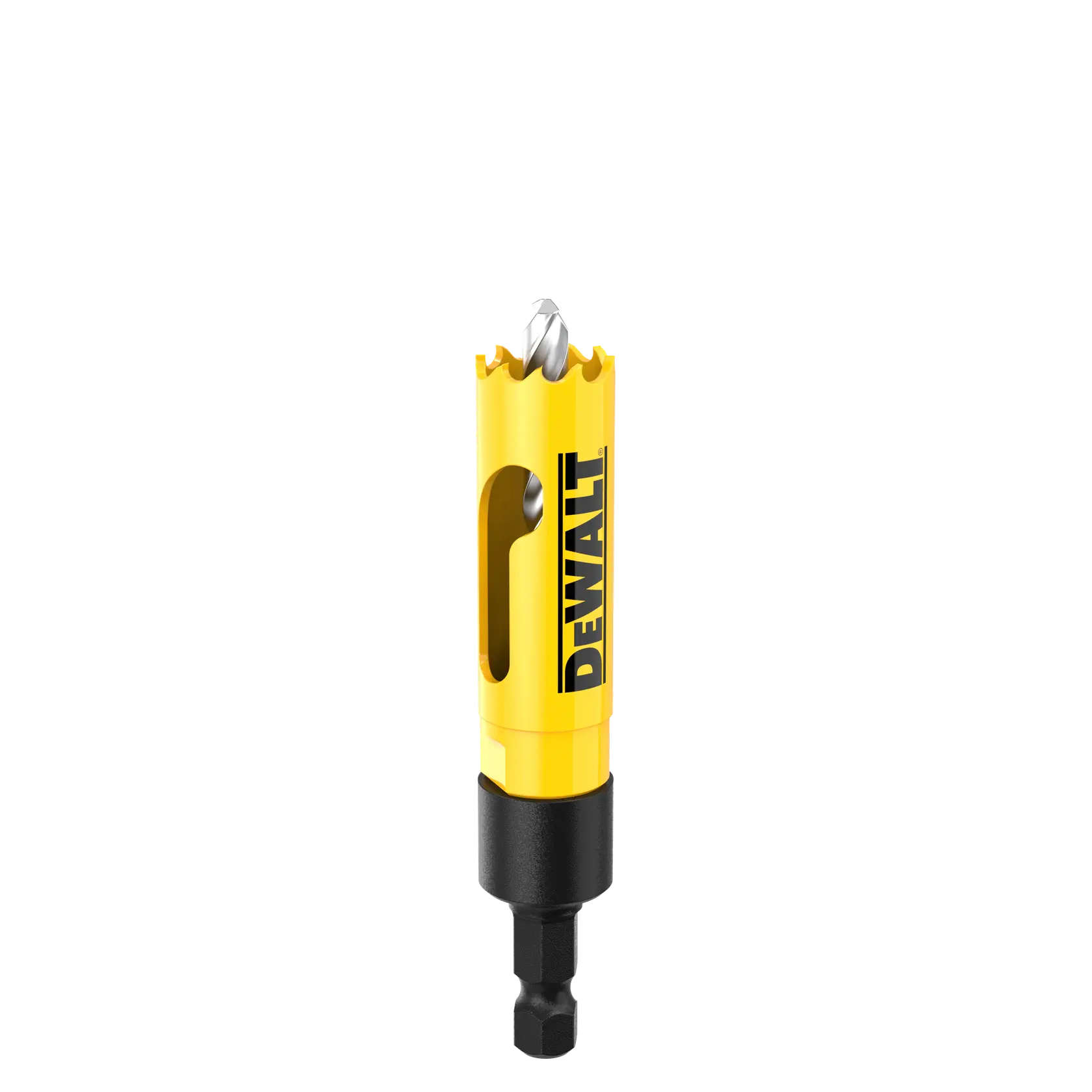 DEWALT yellow hole saw drill bit with a black base for cutting circular holes in materials.