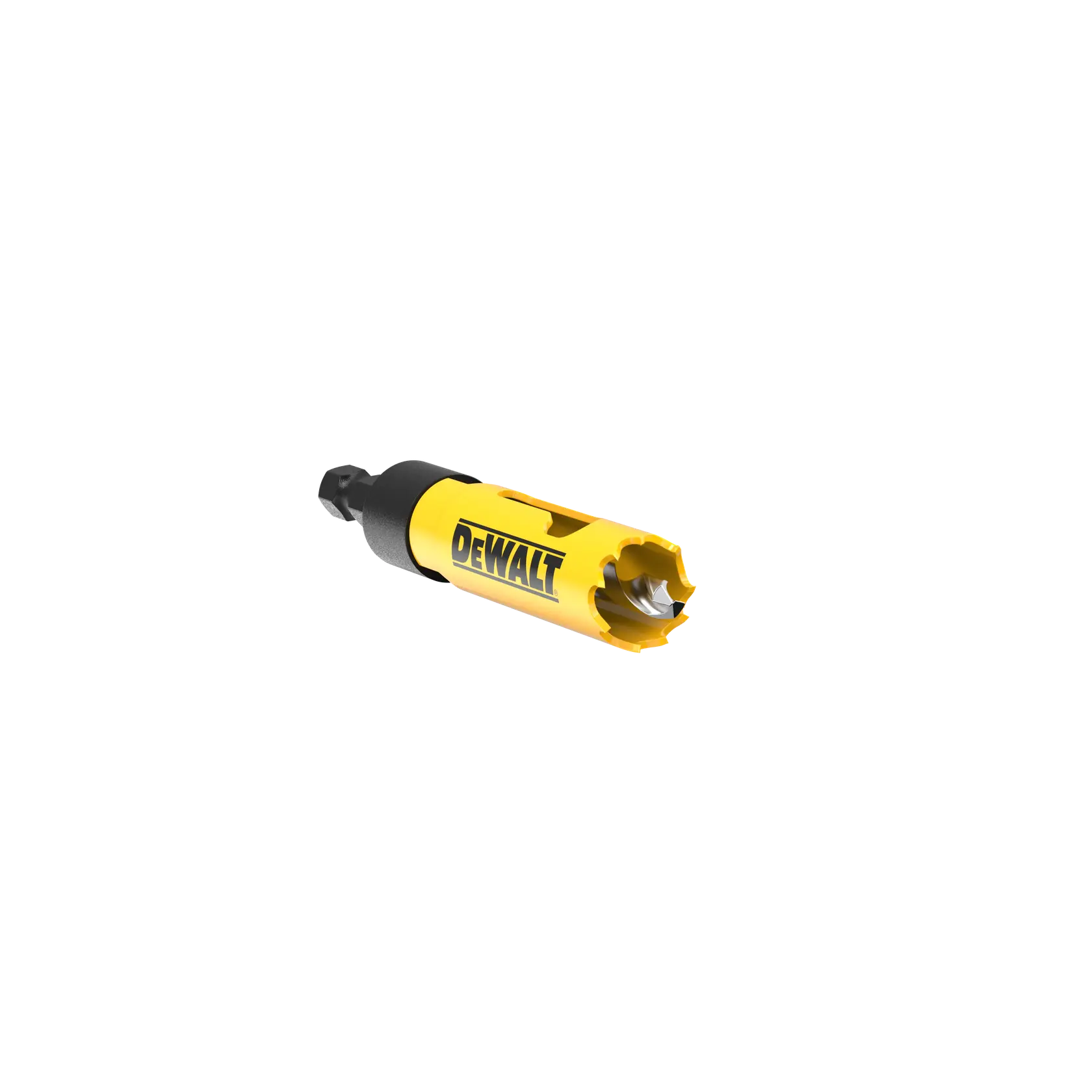 DEWALT hole saw with hex shank, yellow and black, for drilling clean holes in wood or metal.