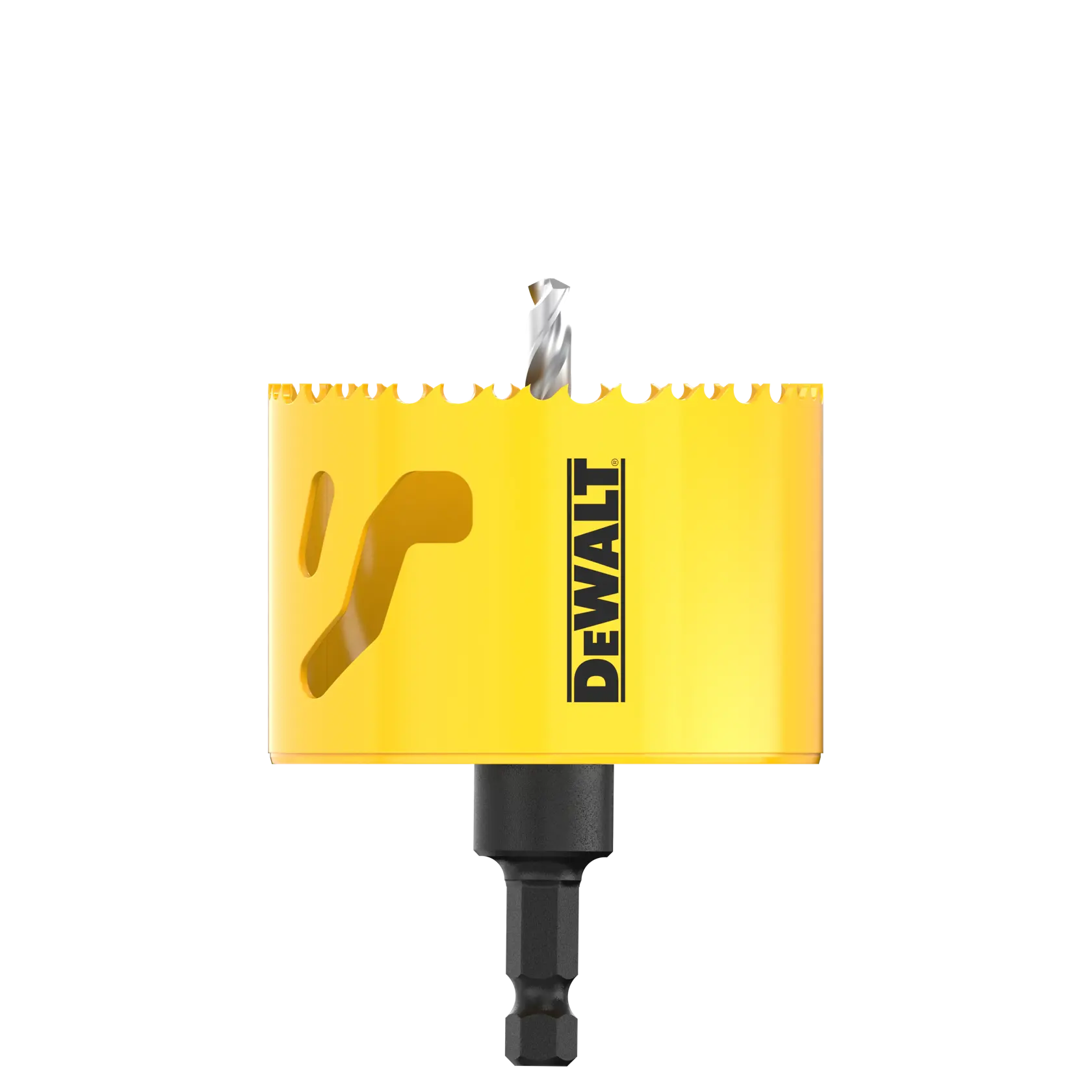 Yellow DEWALT hole saw drill bit with jagged teeth and a black hex shank, shown on a white background.