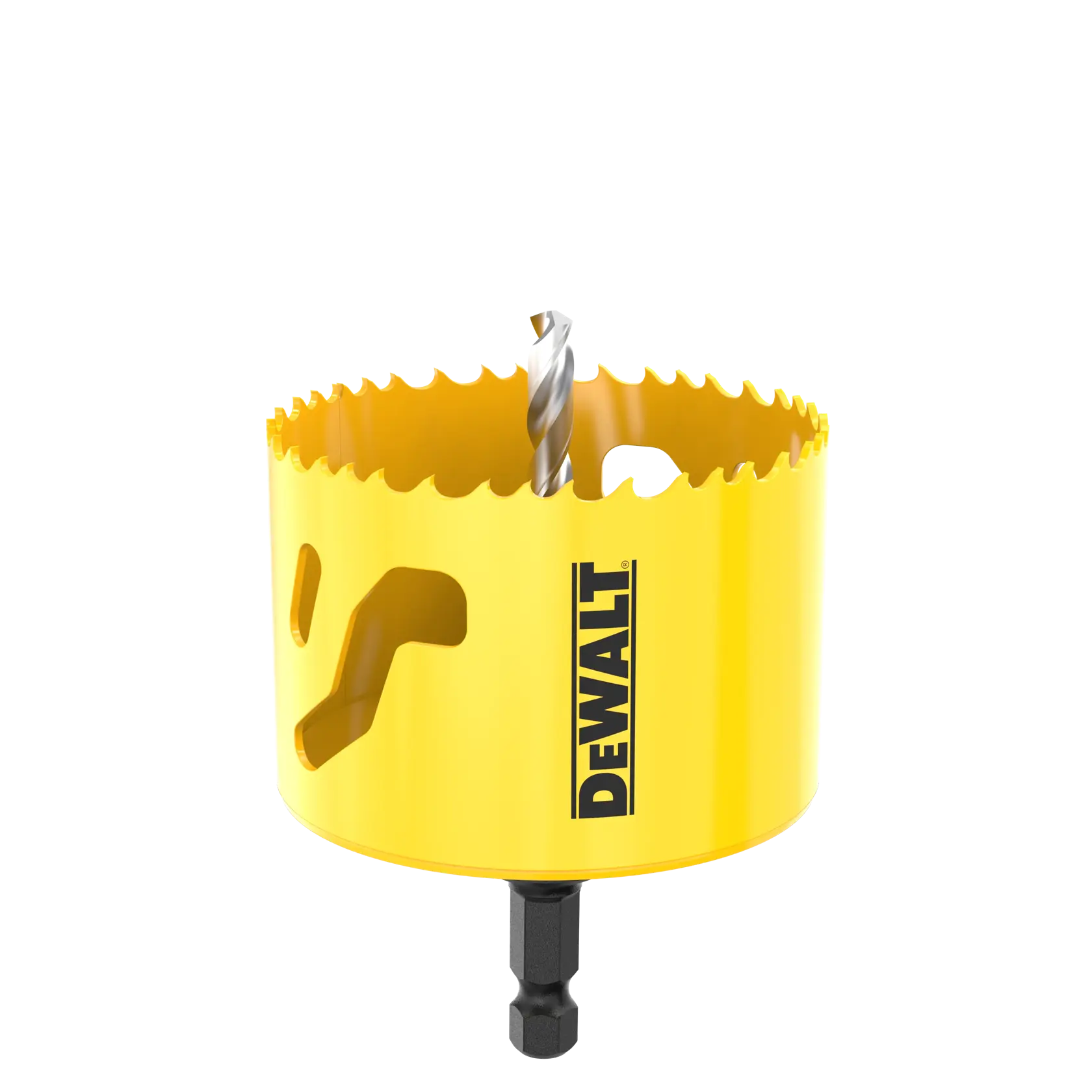 DEWALT yellow hole saw drill bit with sharp teeth and center bit, designed for cutting holes in materials.