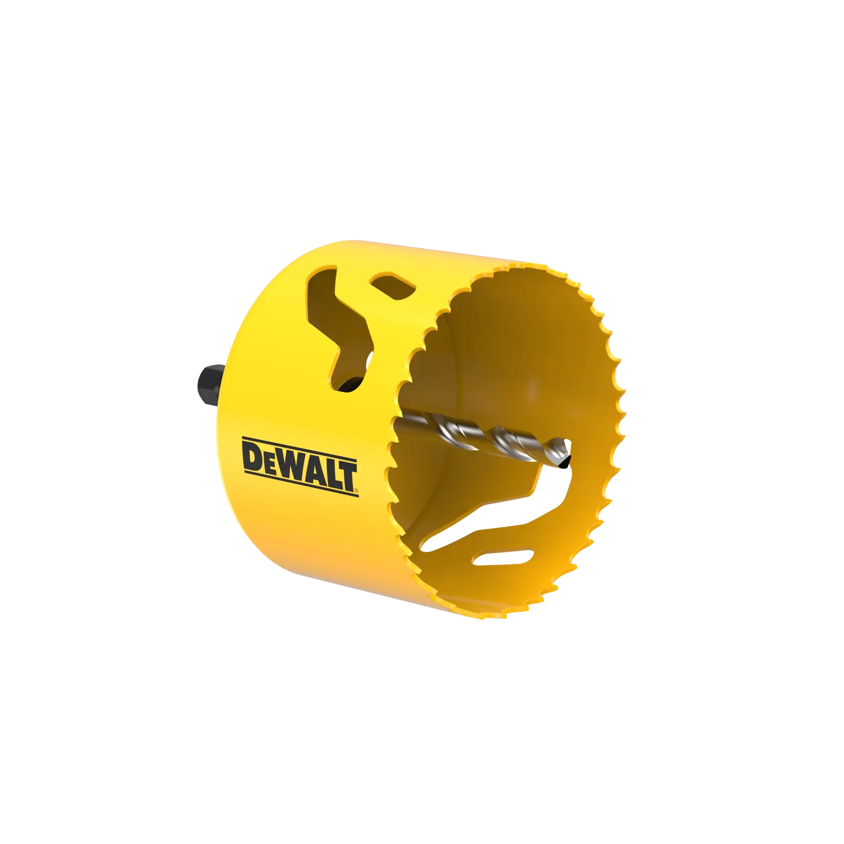 Yellow DEWALT hole saw drill bit with jagged teeth and center bit, designed for cutting circular holes.