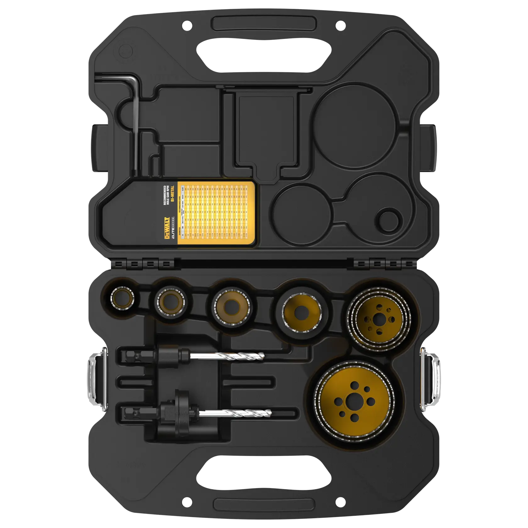 DEWALT hole saw set in a black carrying case with multiple saw sizes and two drill attachments.