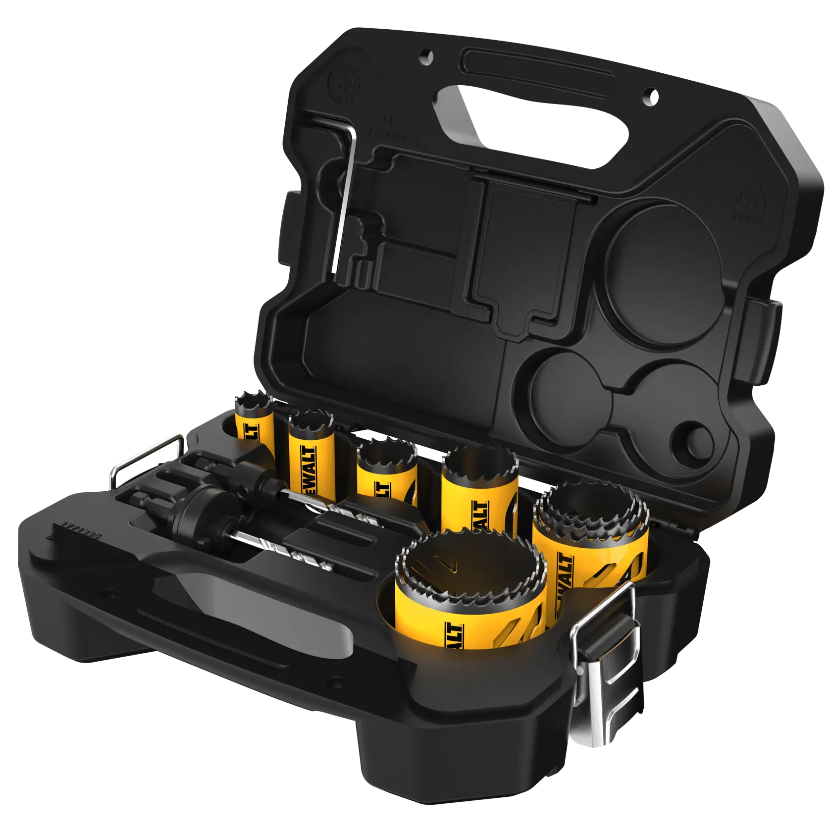 DEWALT hole saw kit with yellow saw pieces and accessories in an open black carrying case.