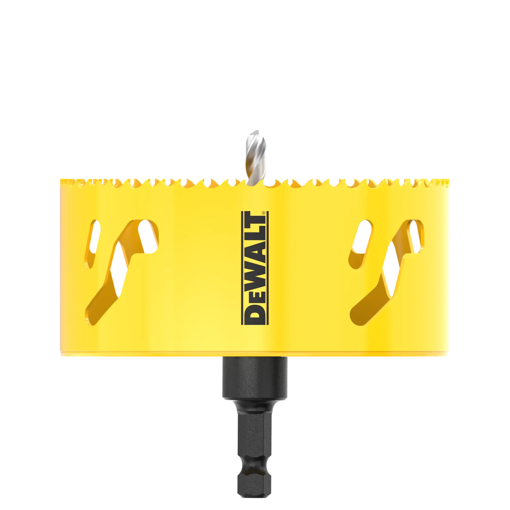Yellow DEWALT hole saw drill bit for cutting round holes, with a jagged edge and central pilot drill.