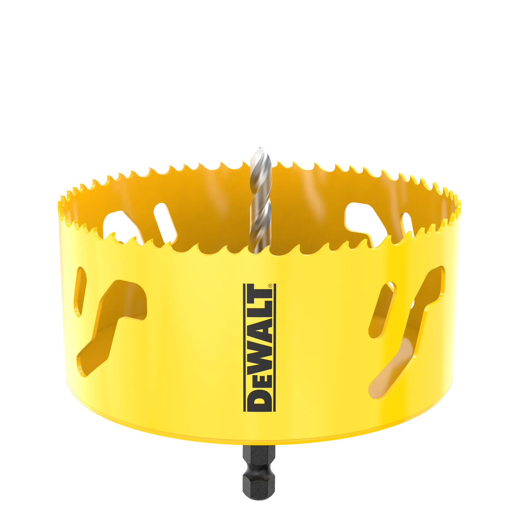 DEWALT yellow hole saw drill bit with saw teeth and central pilot bit, shown on a white background.