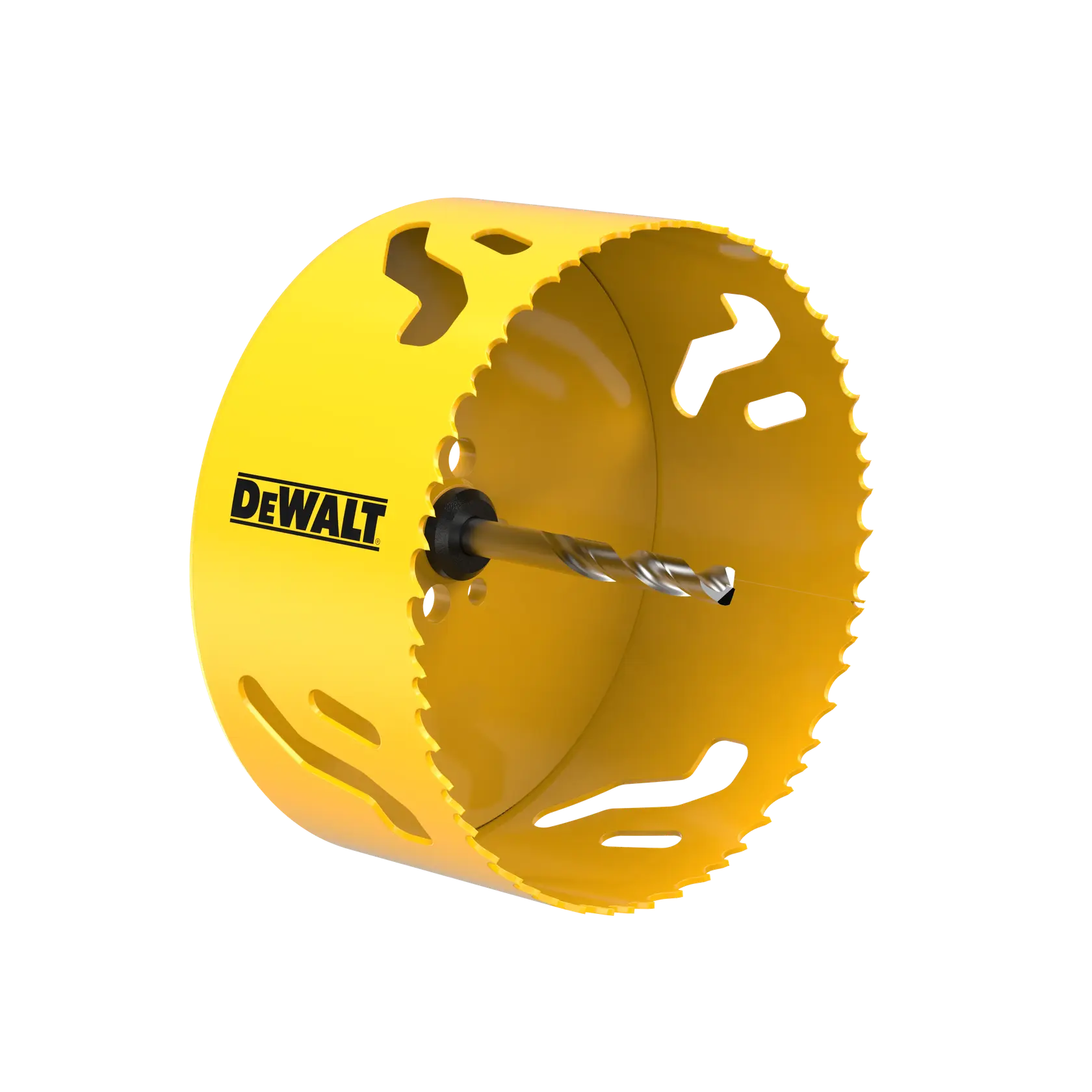 Yellow DEWALT hole saw with a central drill bit, designed for cutting circular holes in materials.